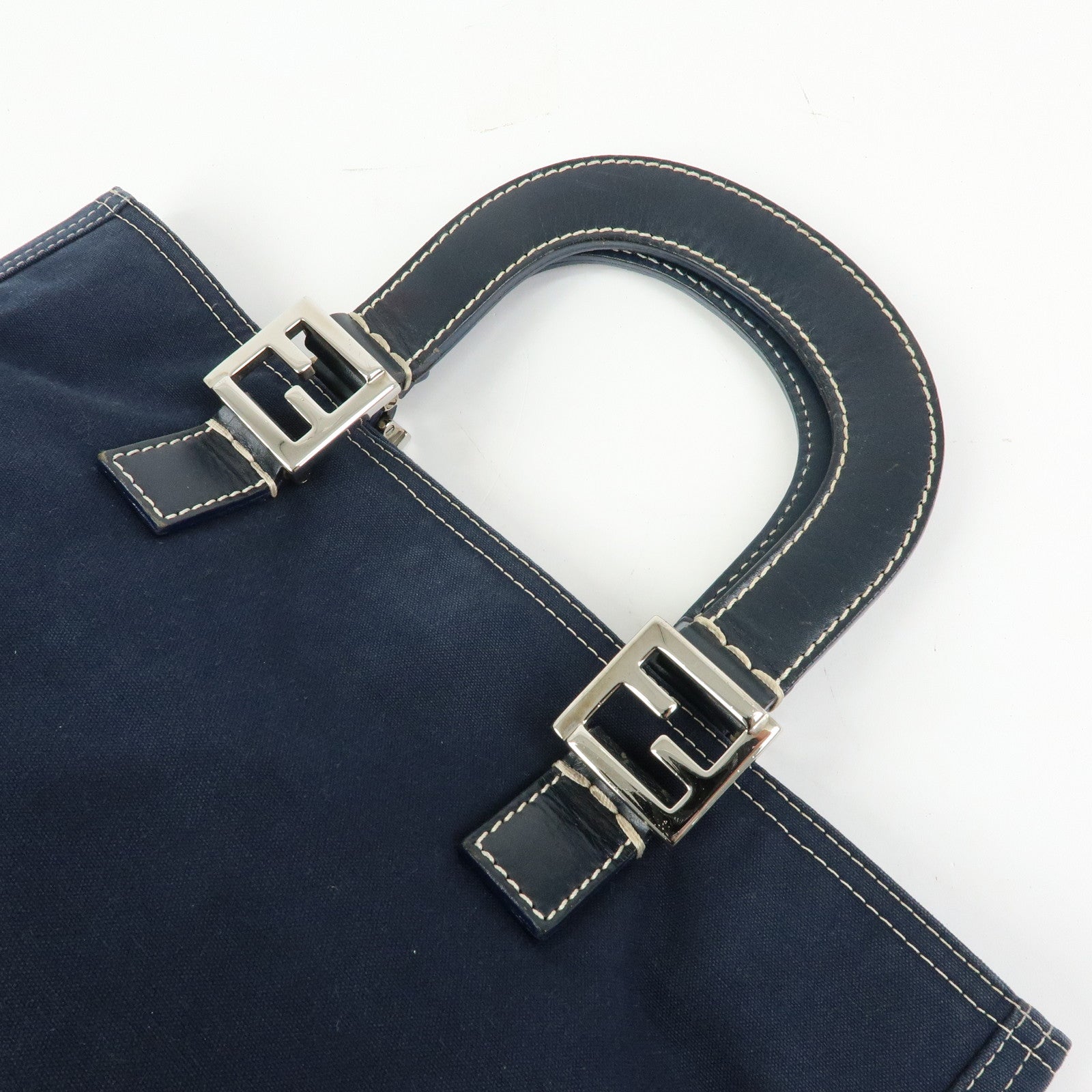 FENDI Canvas Leather Tote Bag Hand Bag Navy