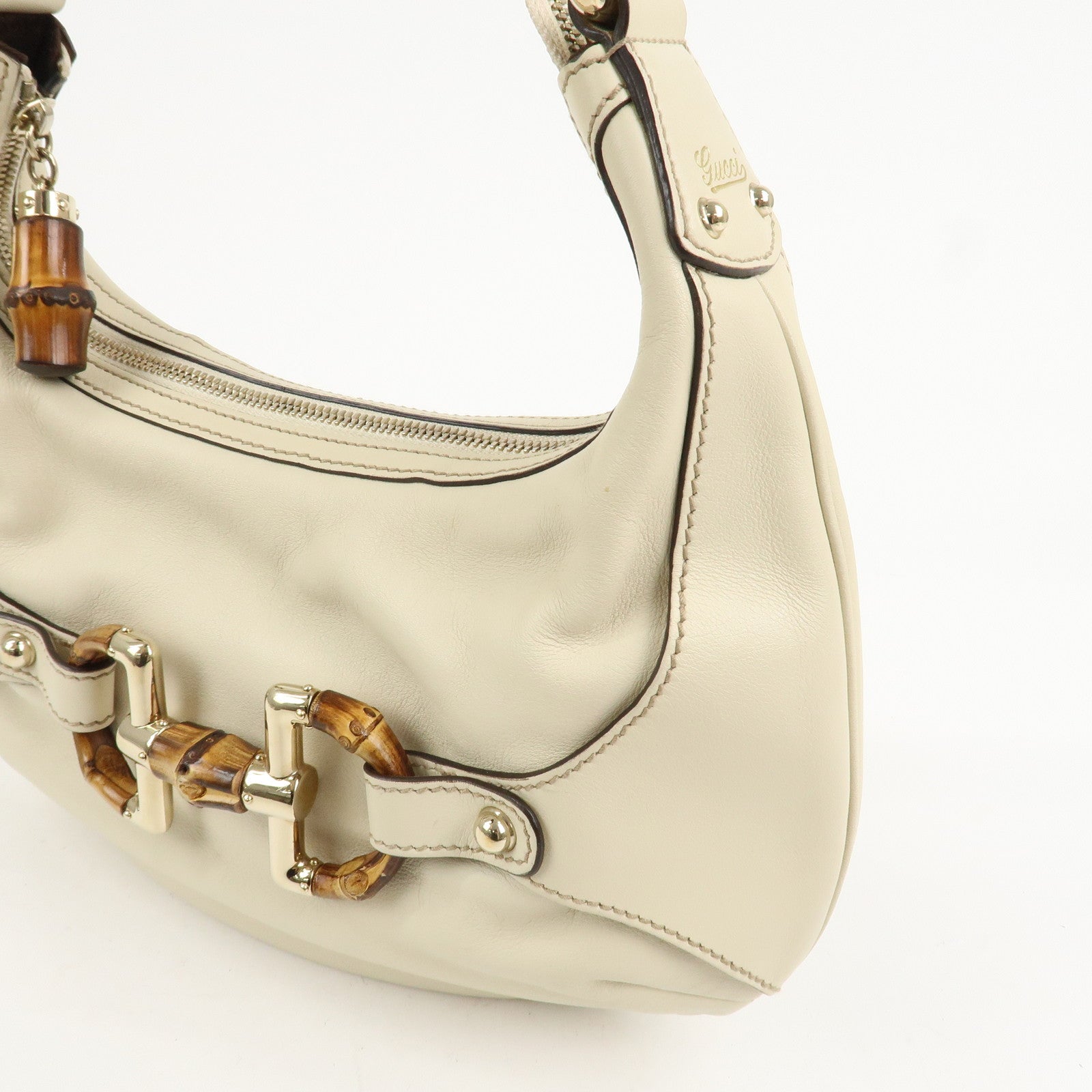 GUCCI Horsebit Bamboo Leather Shoulder Bag Ivory 154378