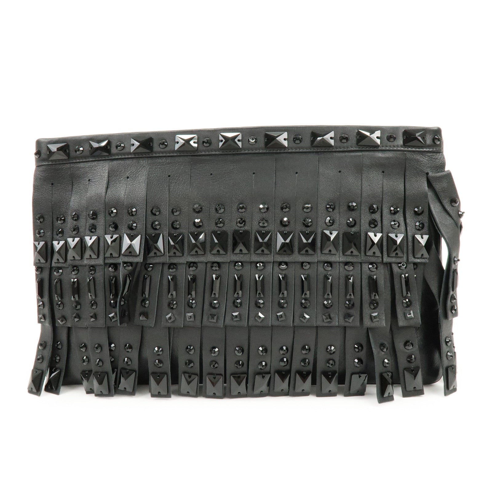 PRADA Canvas Leather Fringe Bijoux Clutch Bag Pouch Black
