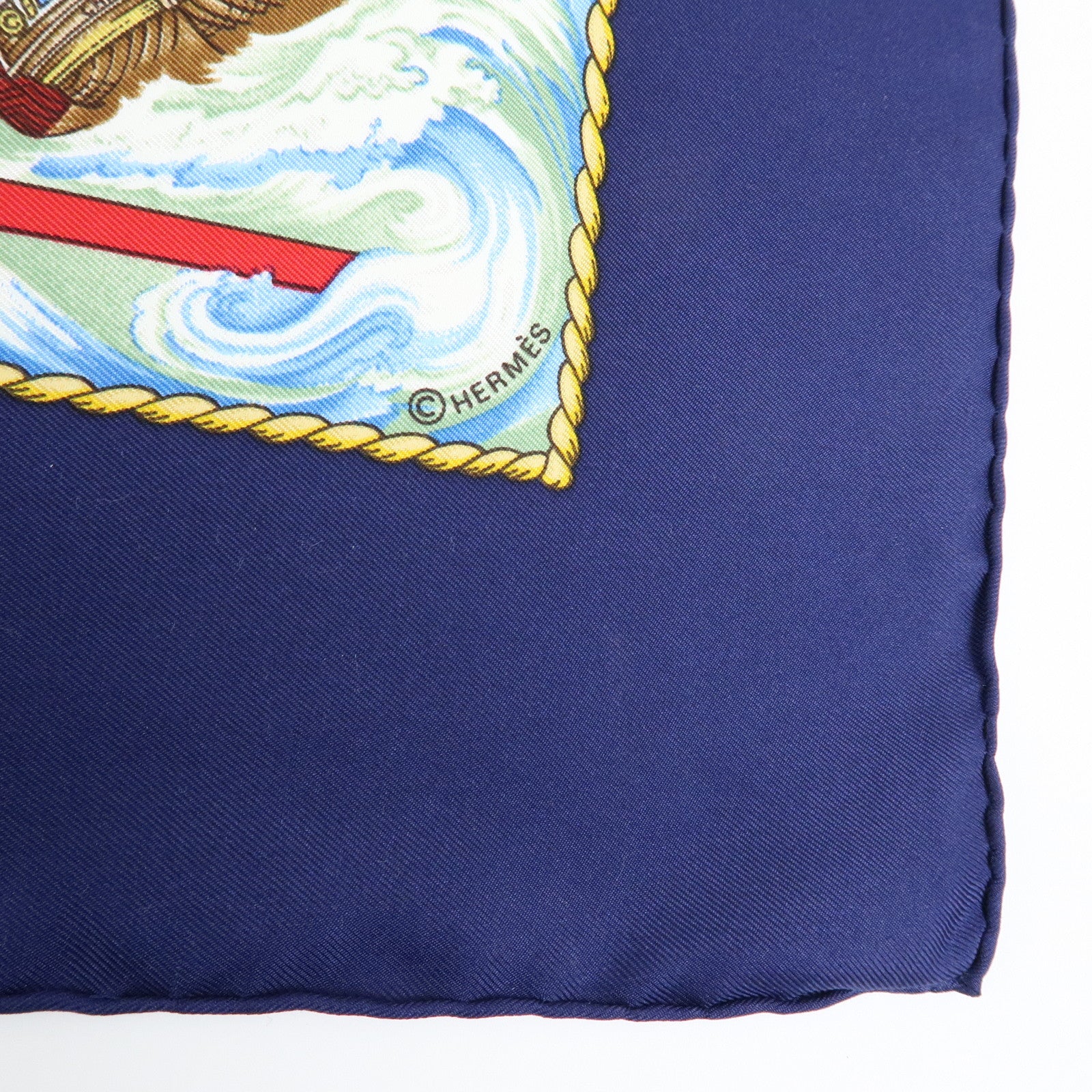 HERMES Carre 90 Silk 100% Scarf VIVE LE VENT Navy Blue Yellow White