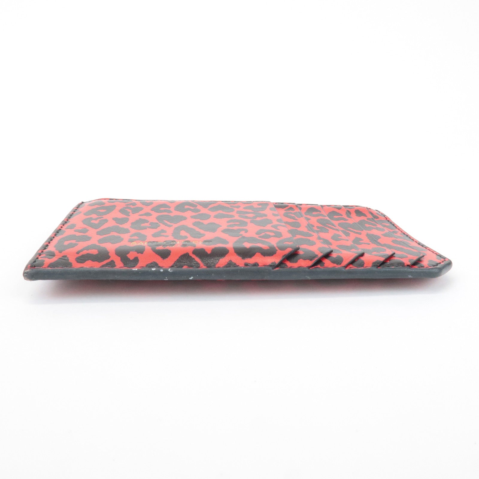 Saint Lauren Leather Animal Leopard Coin Case Card Case Black Red Used