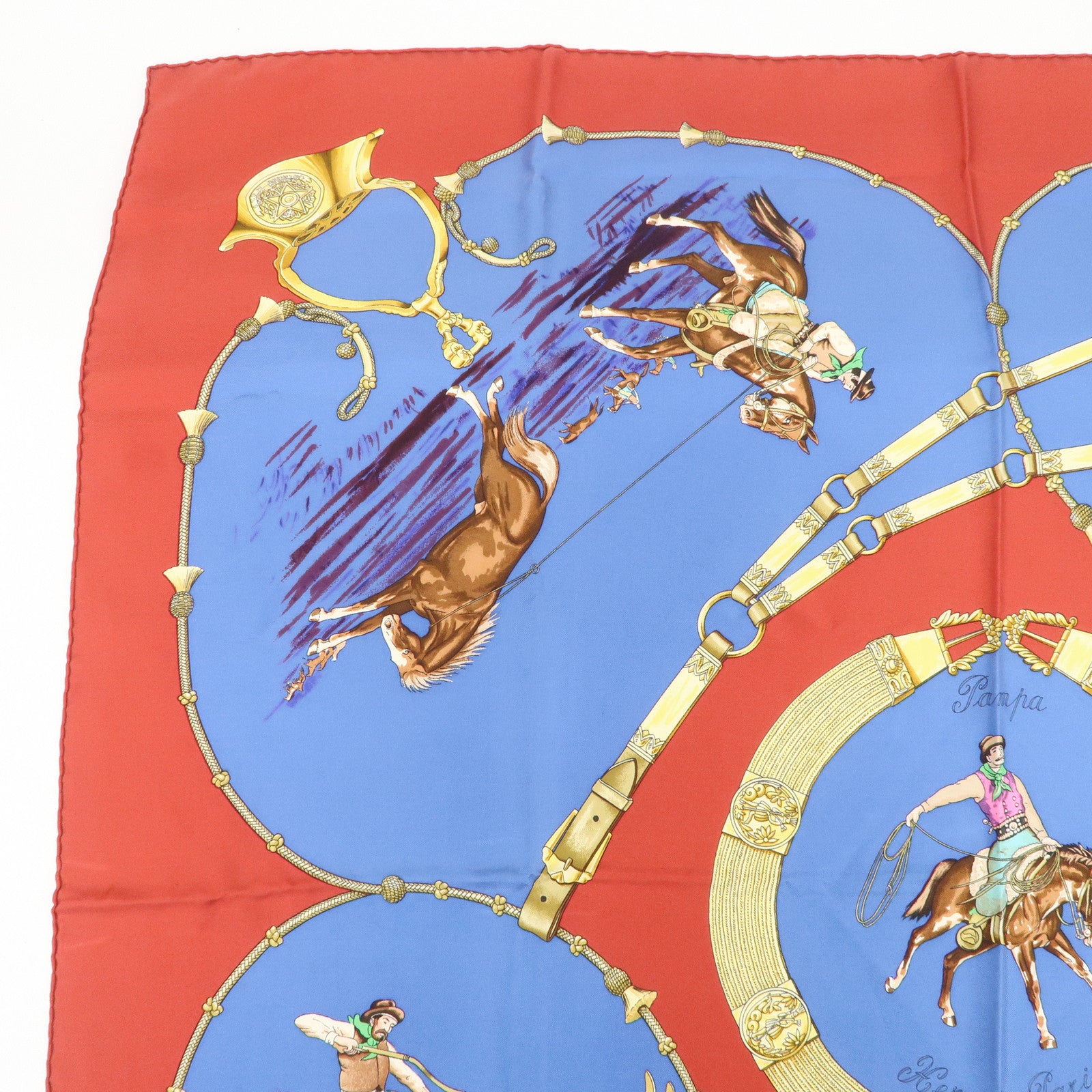 HERMES Carre 90 Silk 100% Scarf Pampa Blue Red