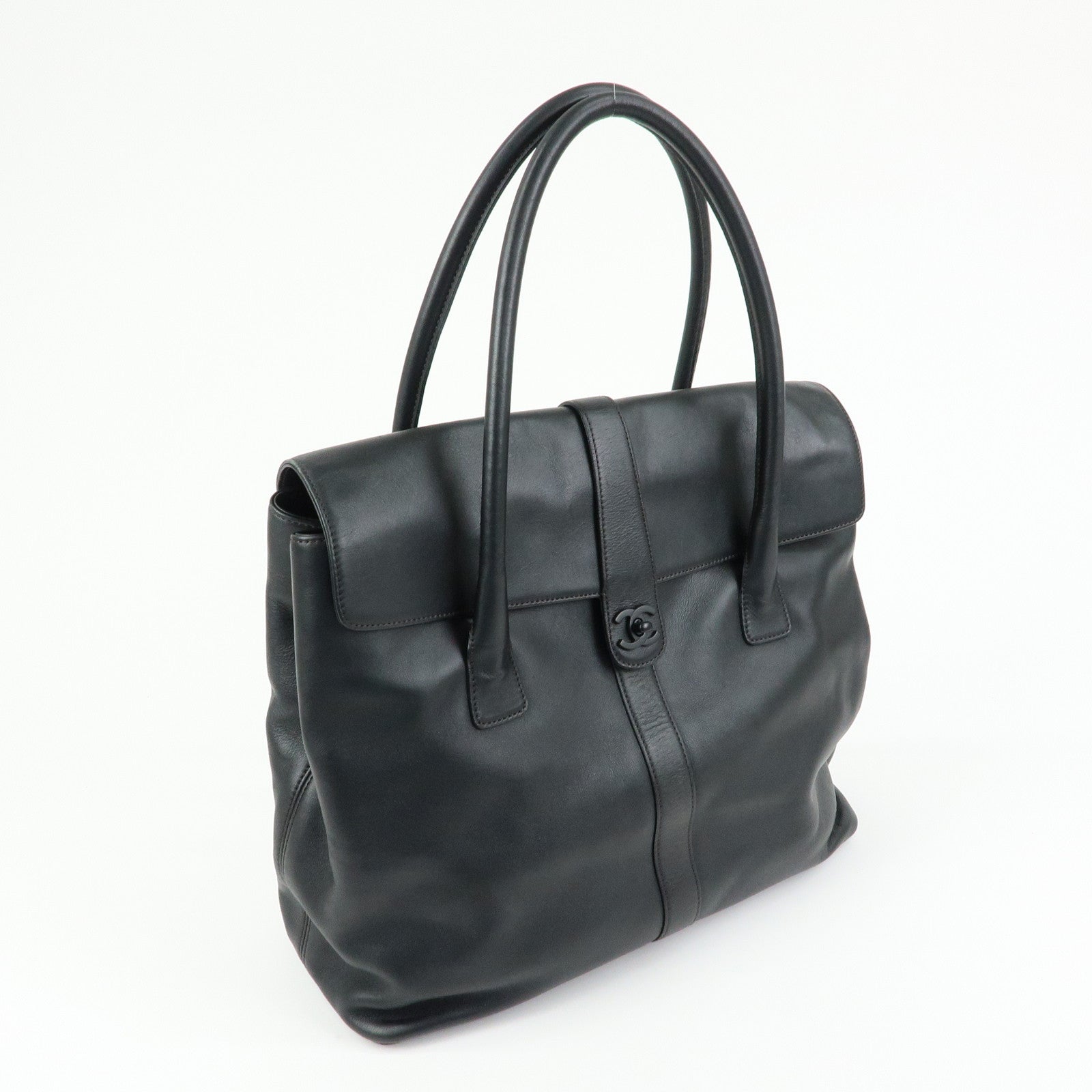 CHANEL COCO Mark Calf Leather Boston Bag Hand Bag Black