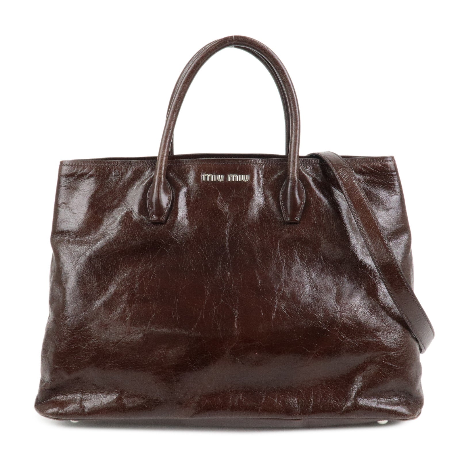 MIU MIU Leather 2Way Shoulder Bag Hand Bag Tote Bag Brown RN1028