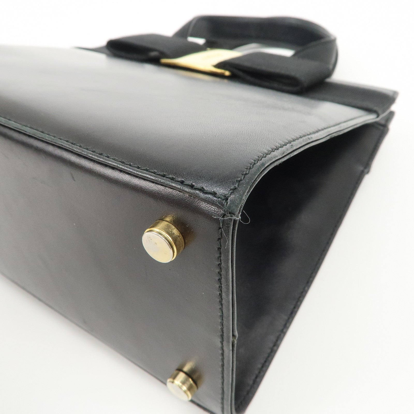 Ferragamo Vara Ribbon Leather Hand Bag Black Gold HDW