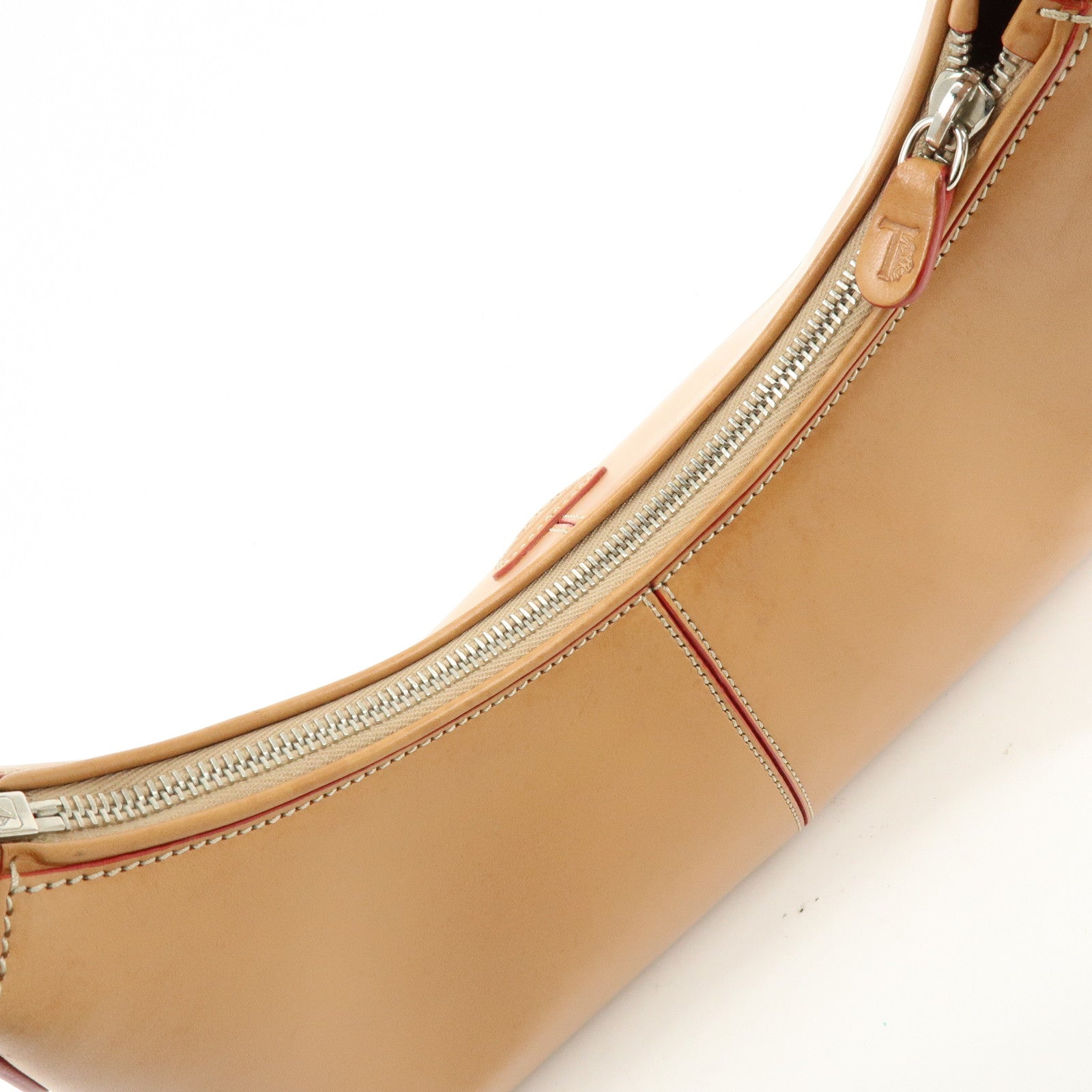TOD'S Leather Stitched Shoulder Bag Hand Bag Camel