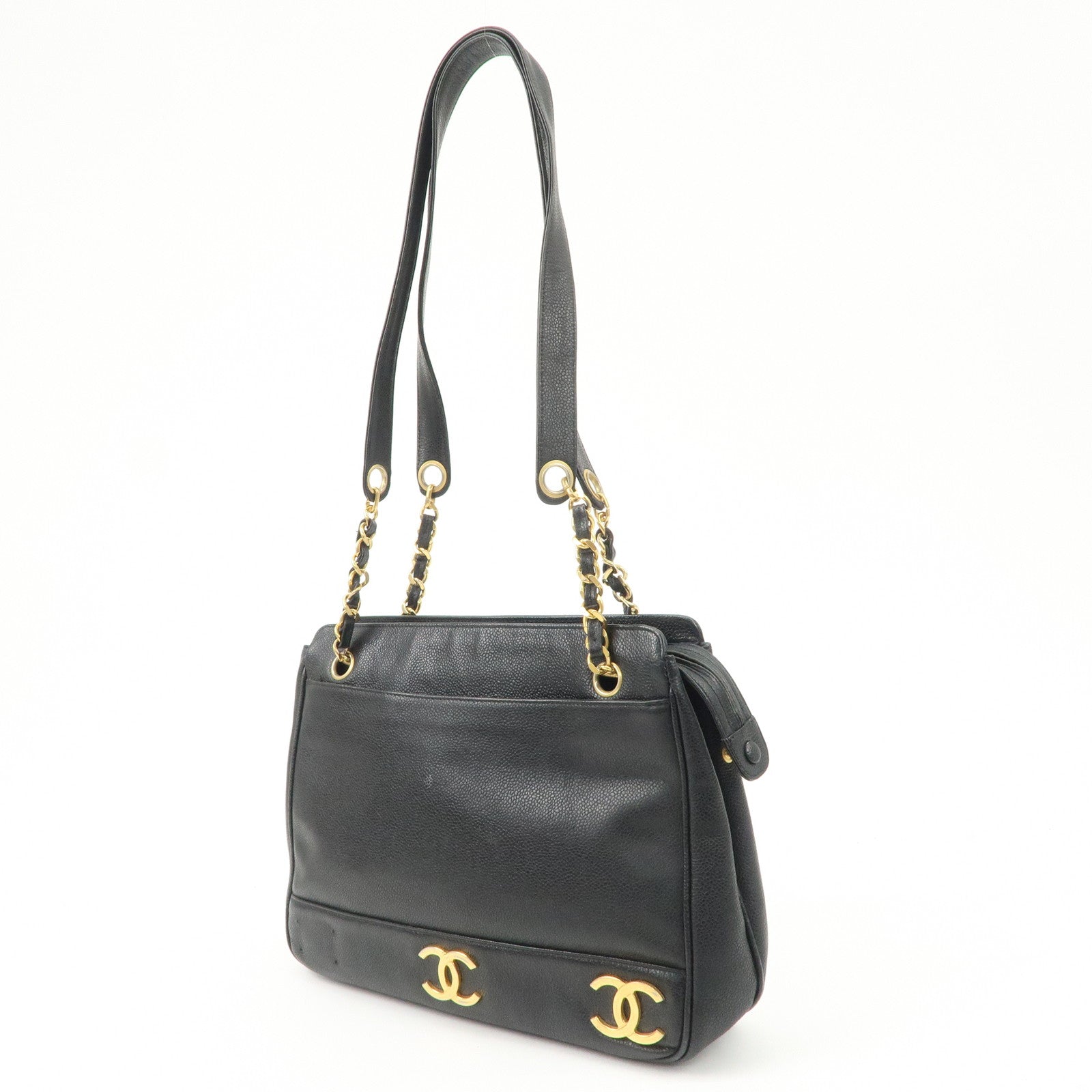 CHANEL Triple COCO Mark Caviarskin Shoulder Bag Black Gold HDW Used