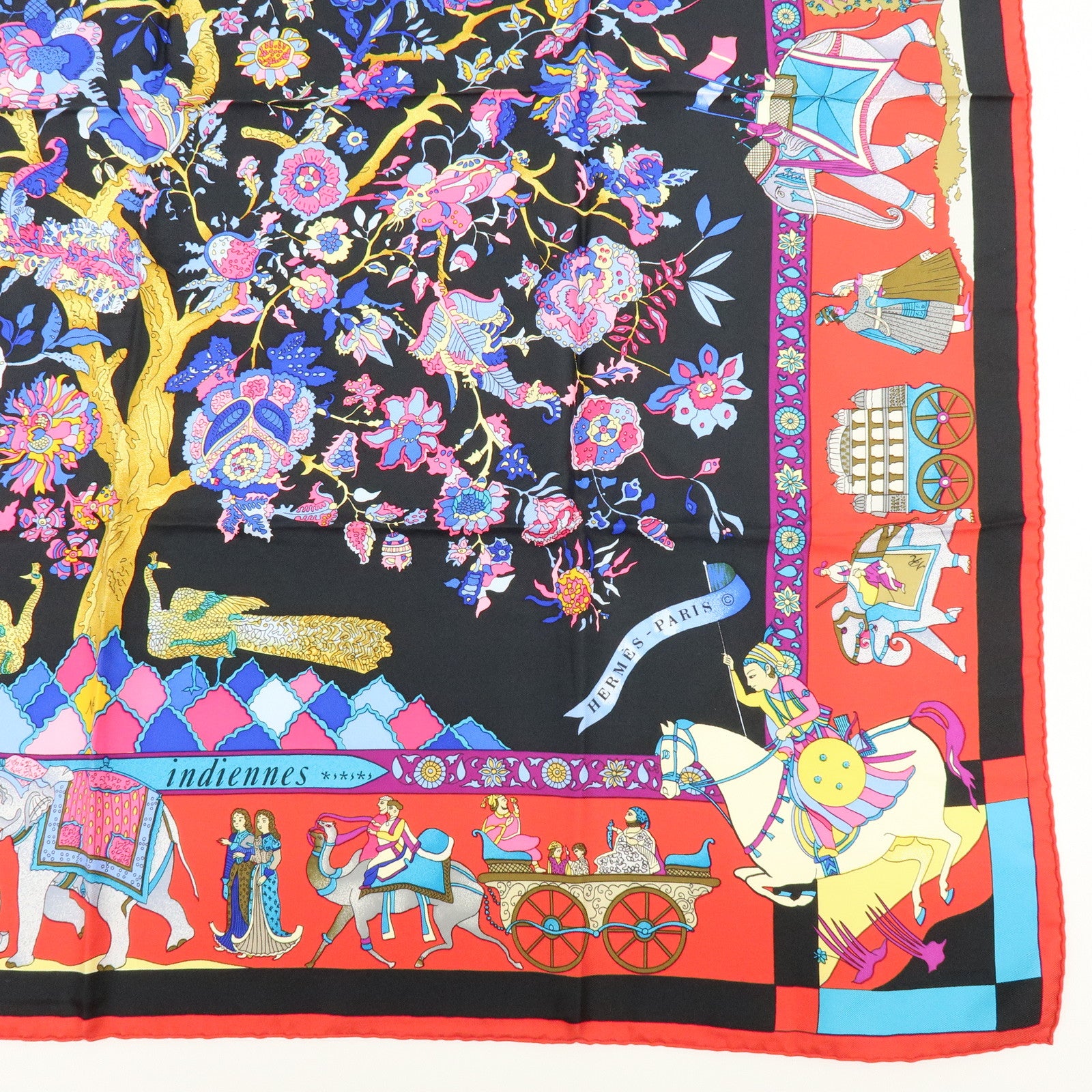 HERMES Carre 90 Silk 100% Scarf Fantaisies indiennes Black Red Blue