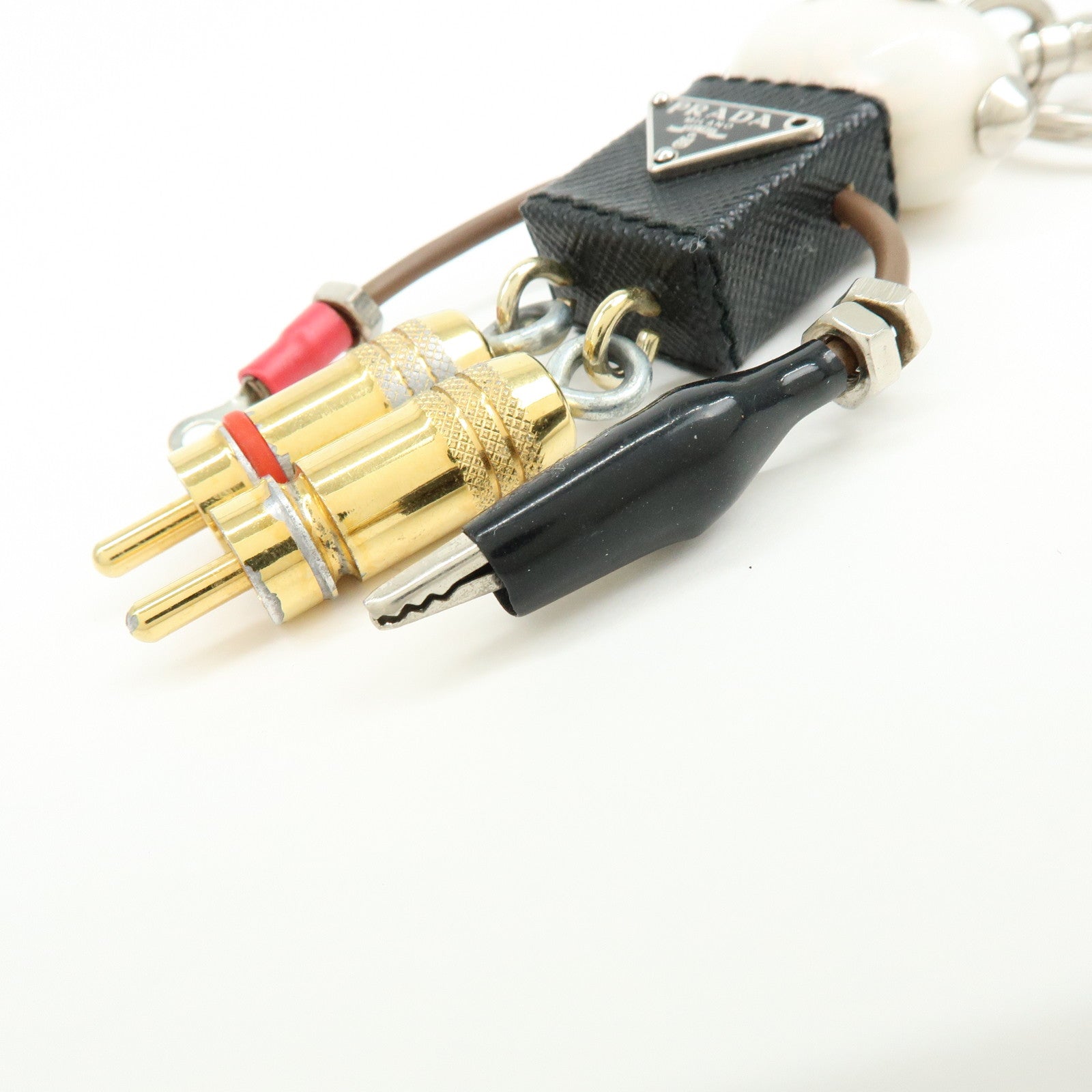 PRADA Triangle Logo Leather Metal Bag Charm Key Charm Black 1ARA97