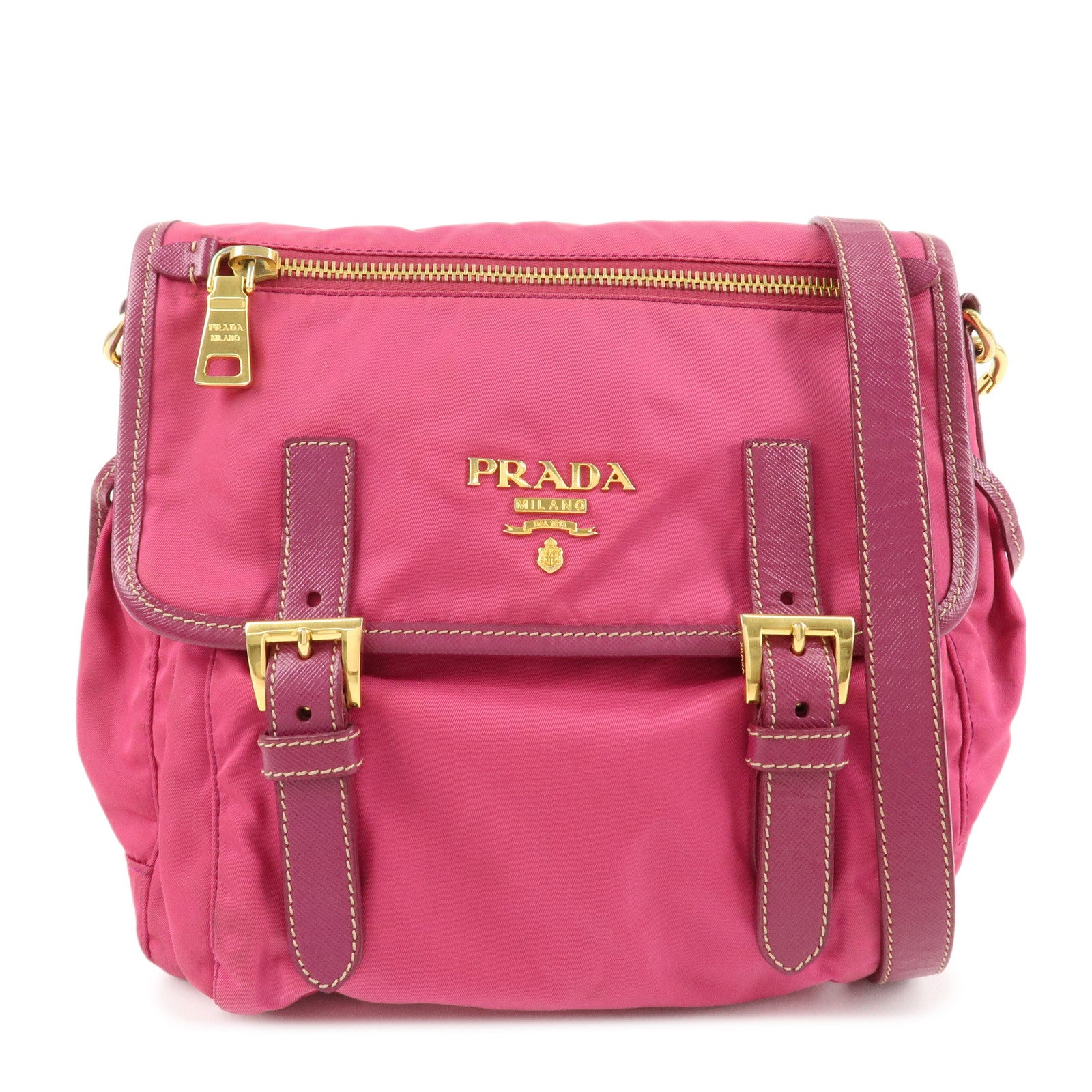 PRADA Nylon Saffiano Leather Flap Messenger Shoulder Bag Pink BT0697 Used
