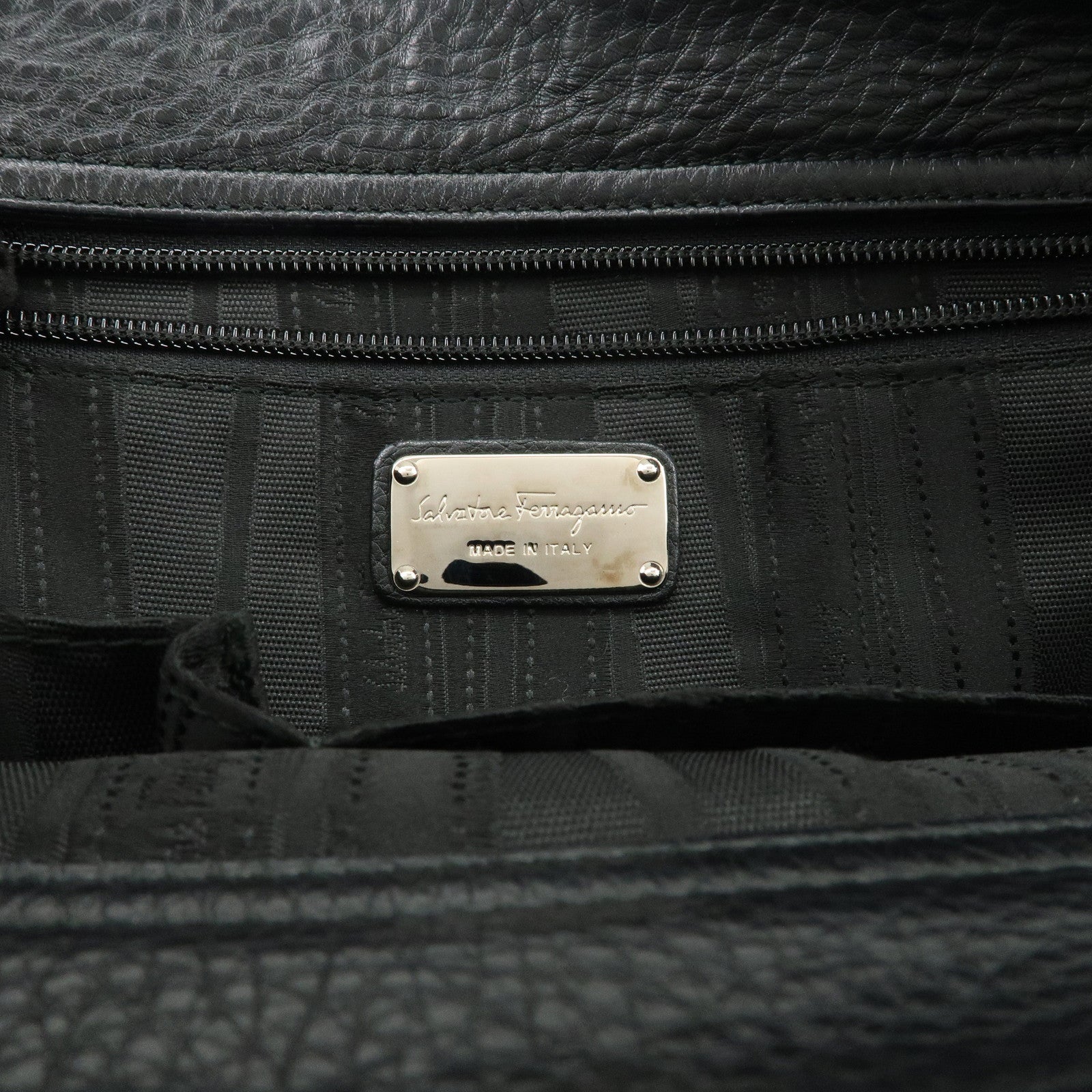 Ferragamo Gancini Leather Hand Bag Shoulder Bag Black Silver