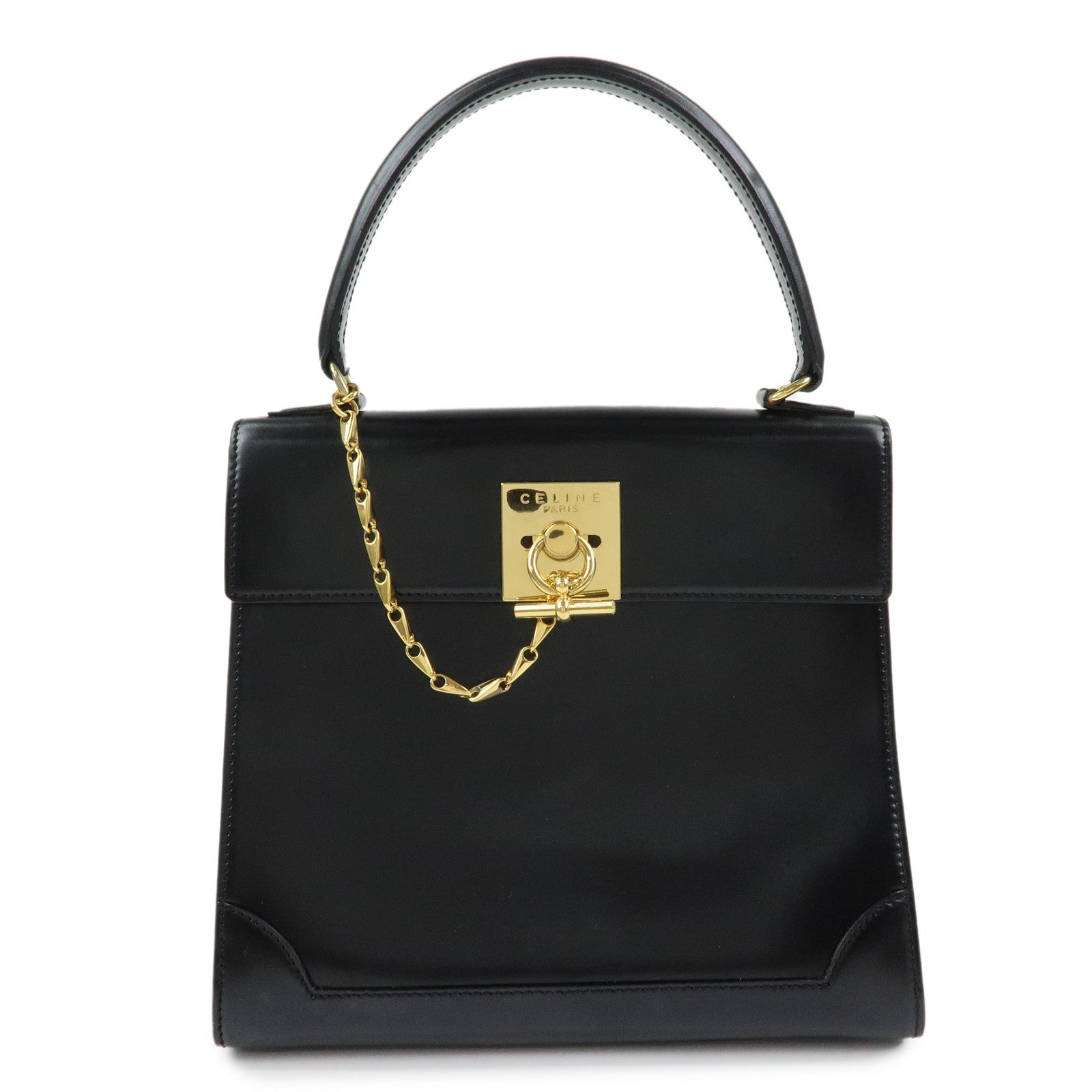 CELINE Leather Hand Bag Top-handle Bag Black Gold Chain