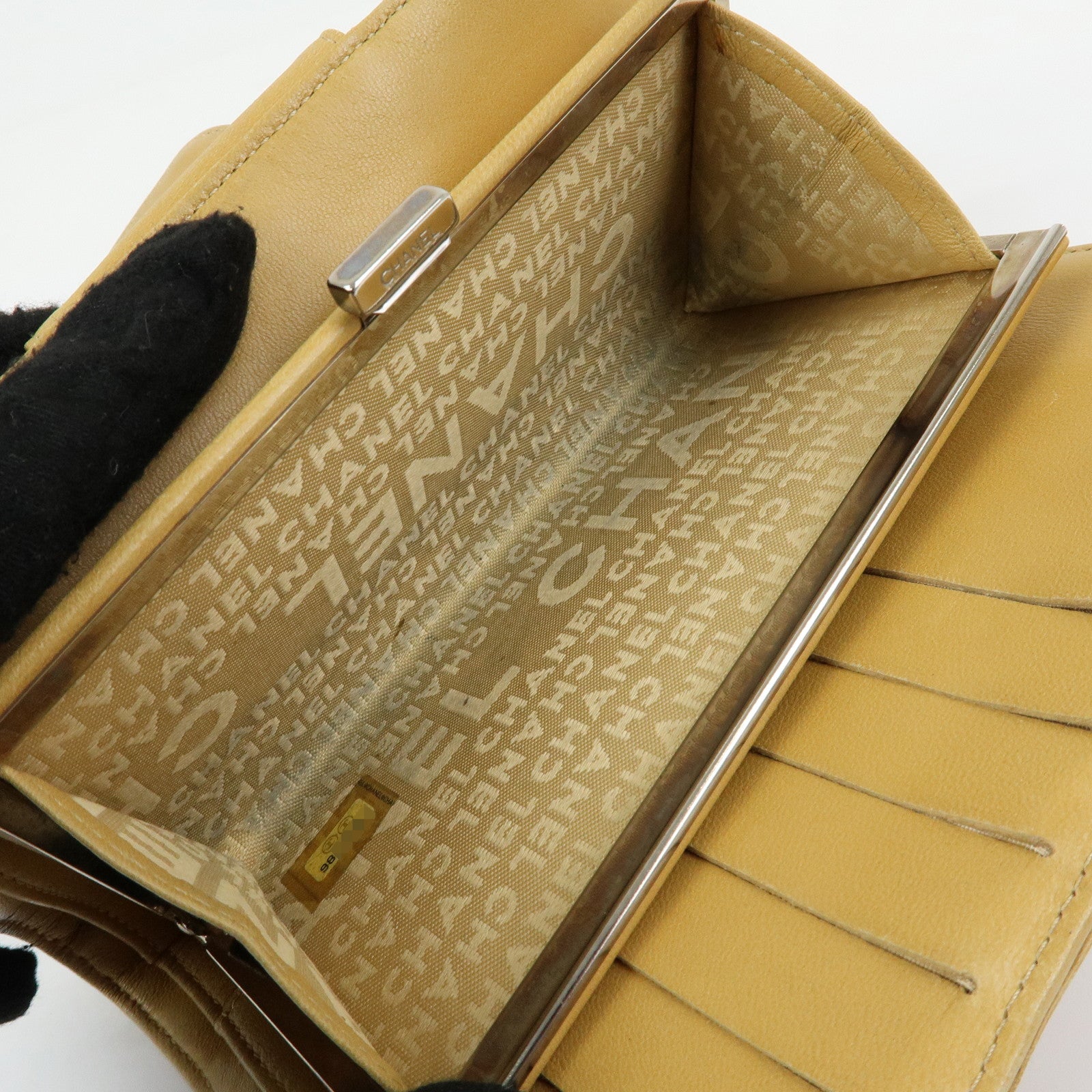CHANEL Chocolate Bar Lamb Skin Long Wallet Yellow Beige A82281