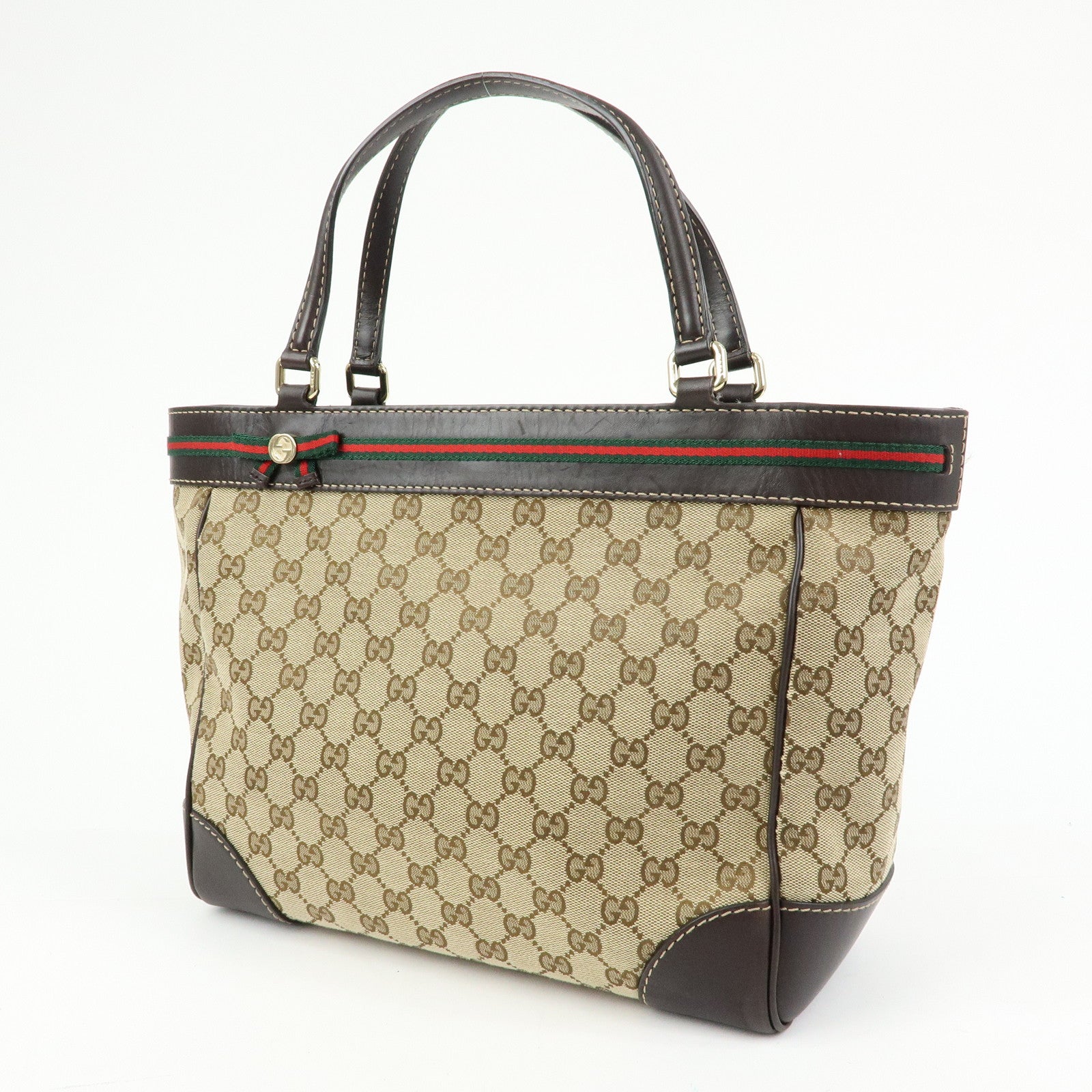 GUCCI Sherry Canvas Leather Tote Bag Hand Bag Beige Brown 257061