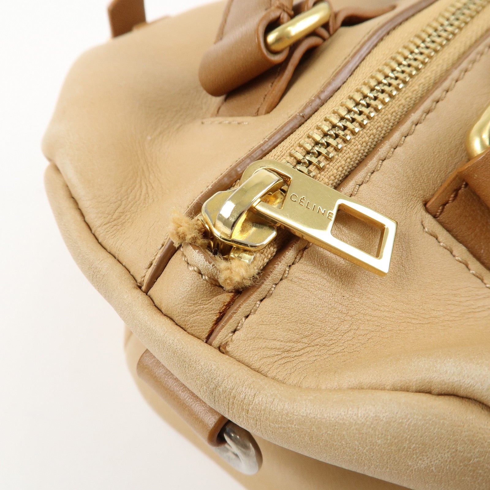 CELINE Leather 2Way Boston Bag Shoulder Bag Beige Brown Used