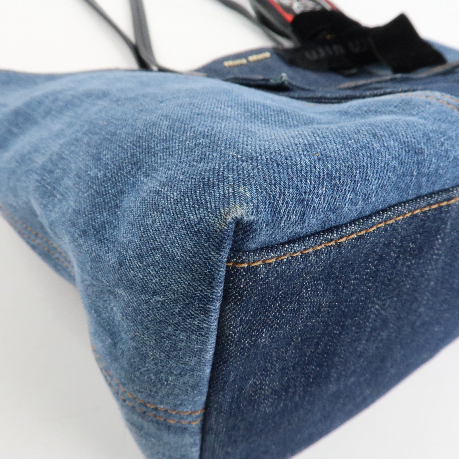 MIU MIU Leather Denim Tote Bag Shoulder Bag Navy 5BG024 Used