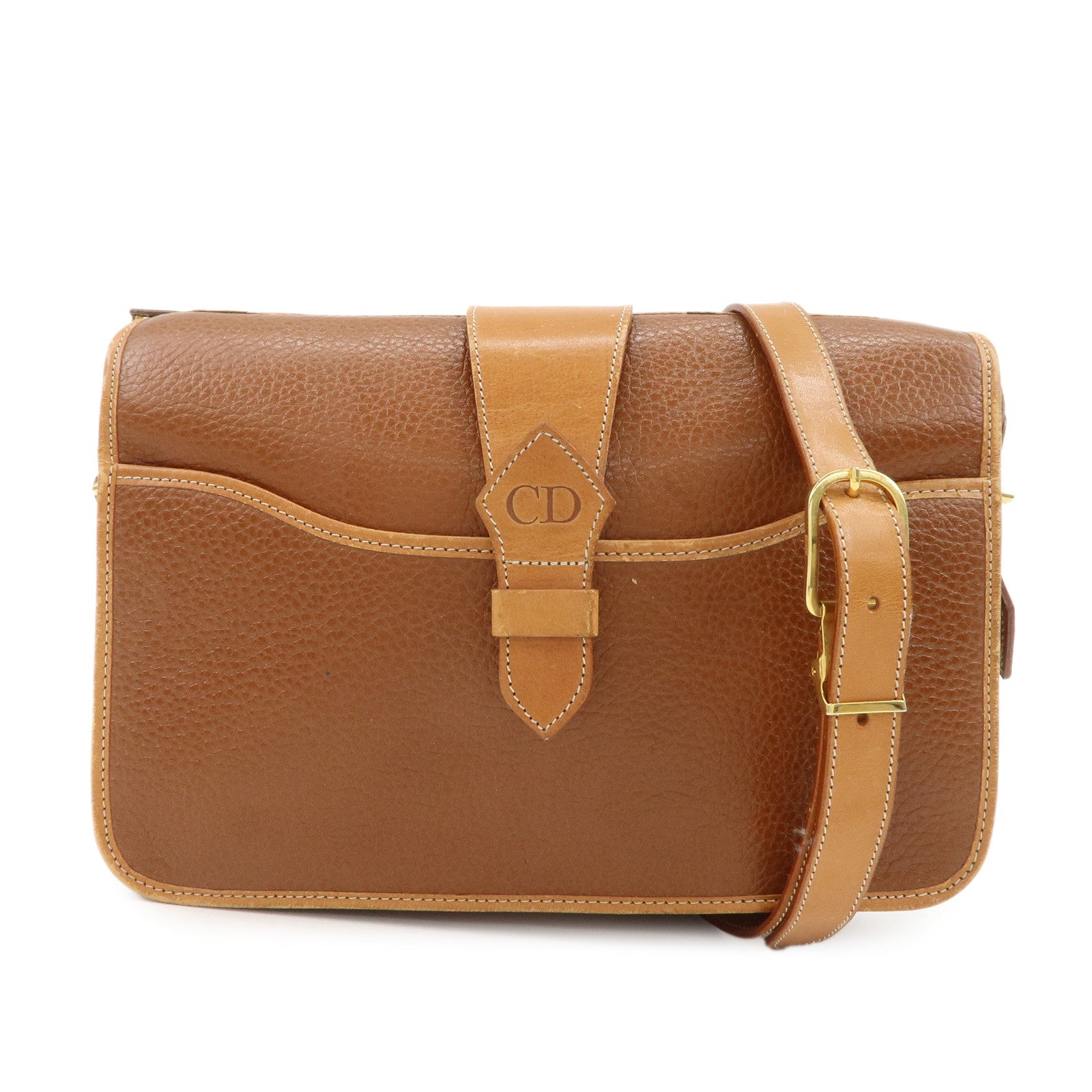 Christian Dior Logo Leather Shoulder Bag Brown Gold HDW