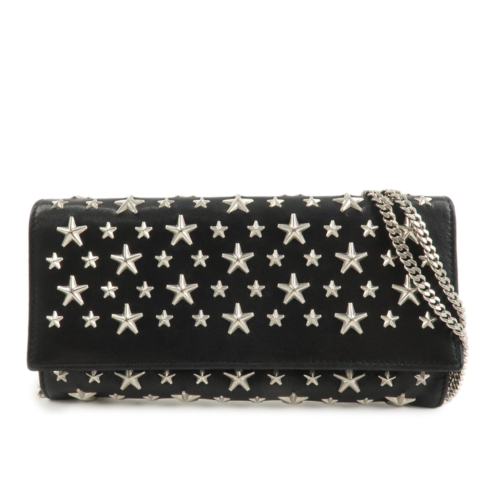 JIMMY CHOO Leather Studs Chain Wallet Shoulder Bag Black Used