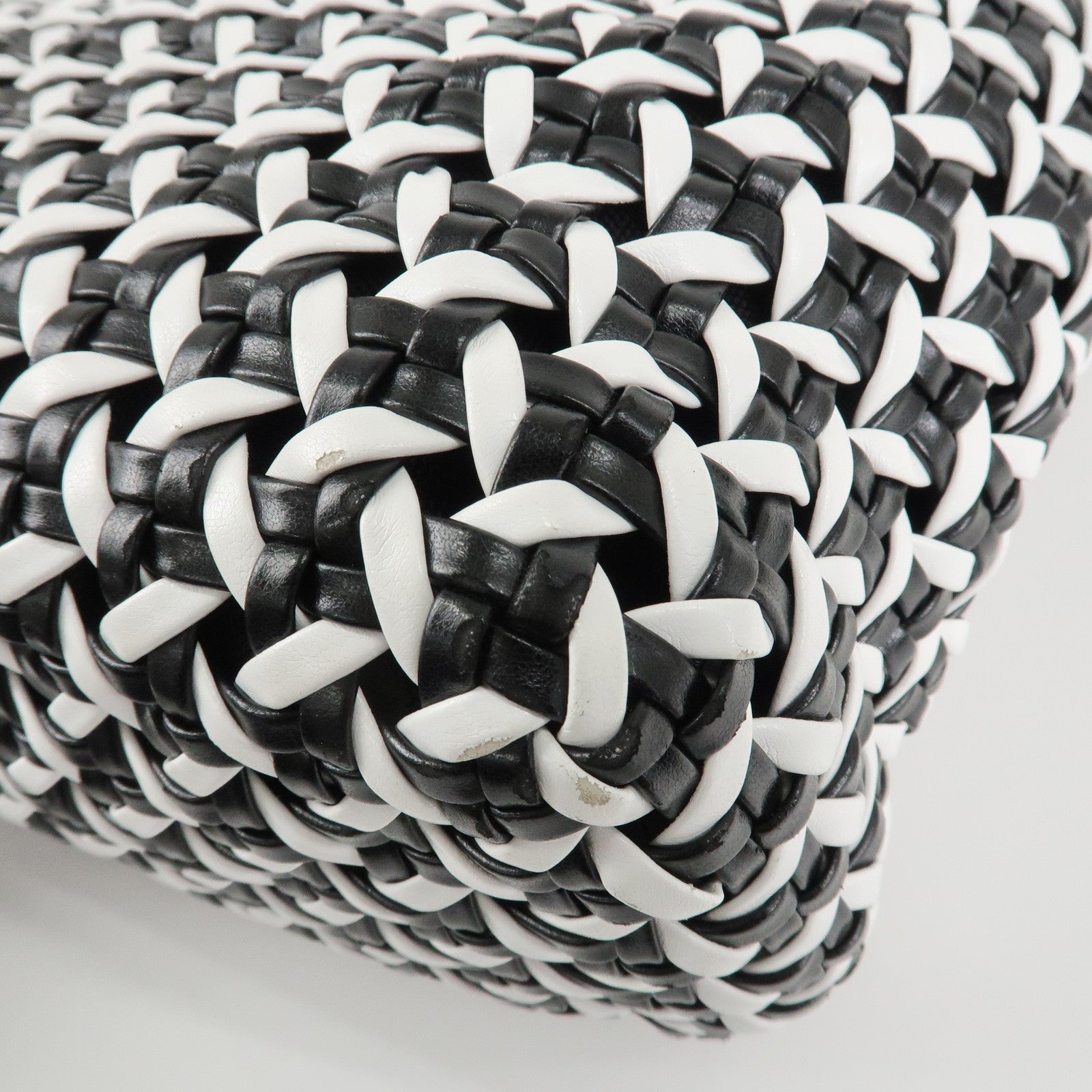 MIU MIU Leather Braid Tote Bag Shoulder Bag Black White 5BG193 Used