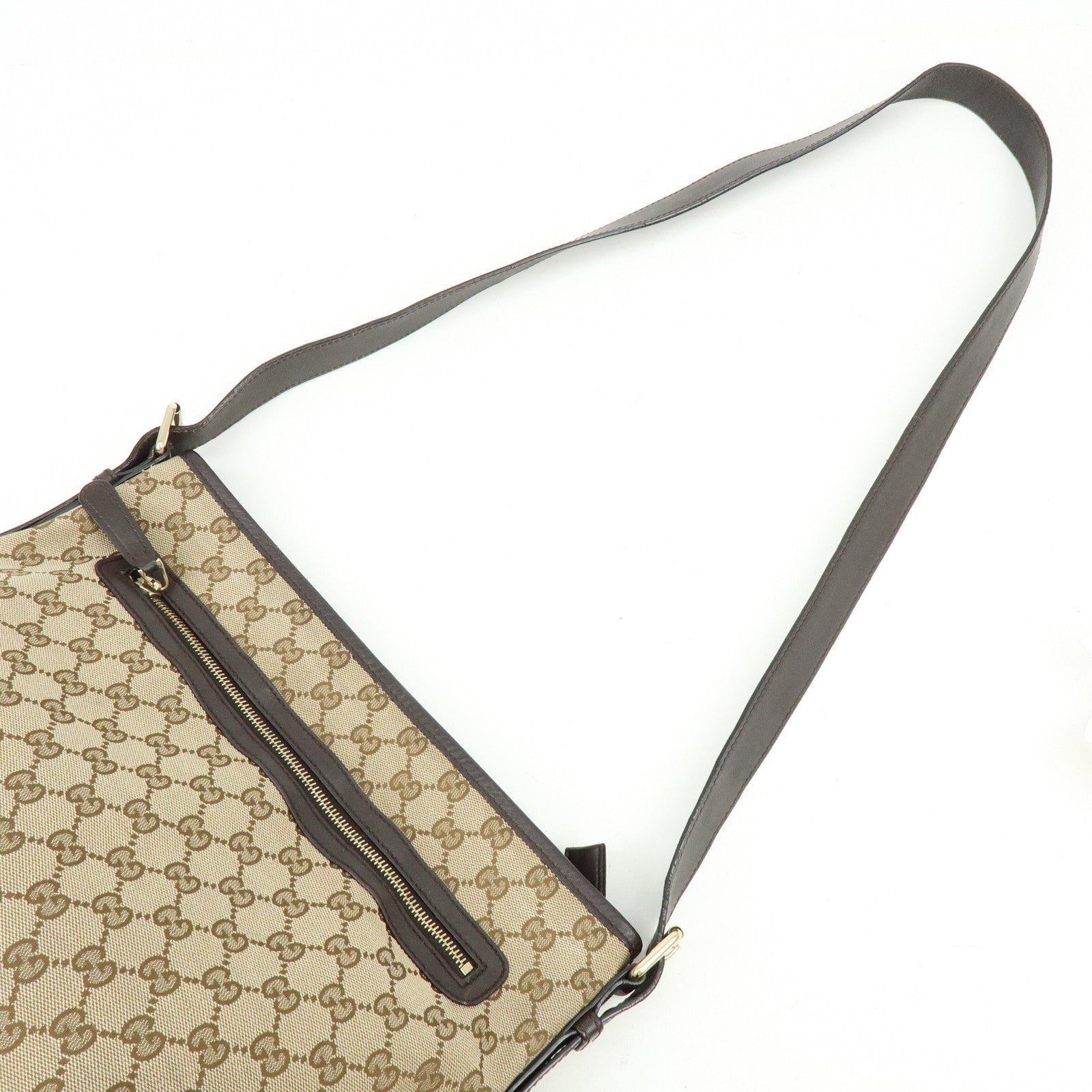 GUCCI GG Canvas Leather Shoulder Bag Beige Dark Brown 388930