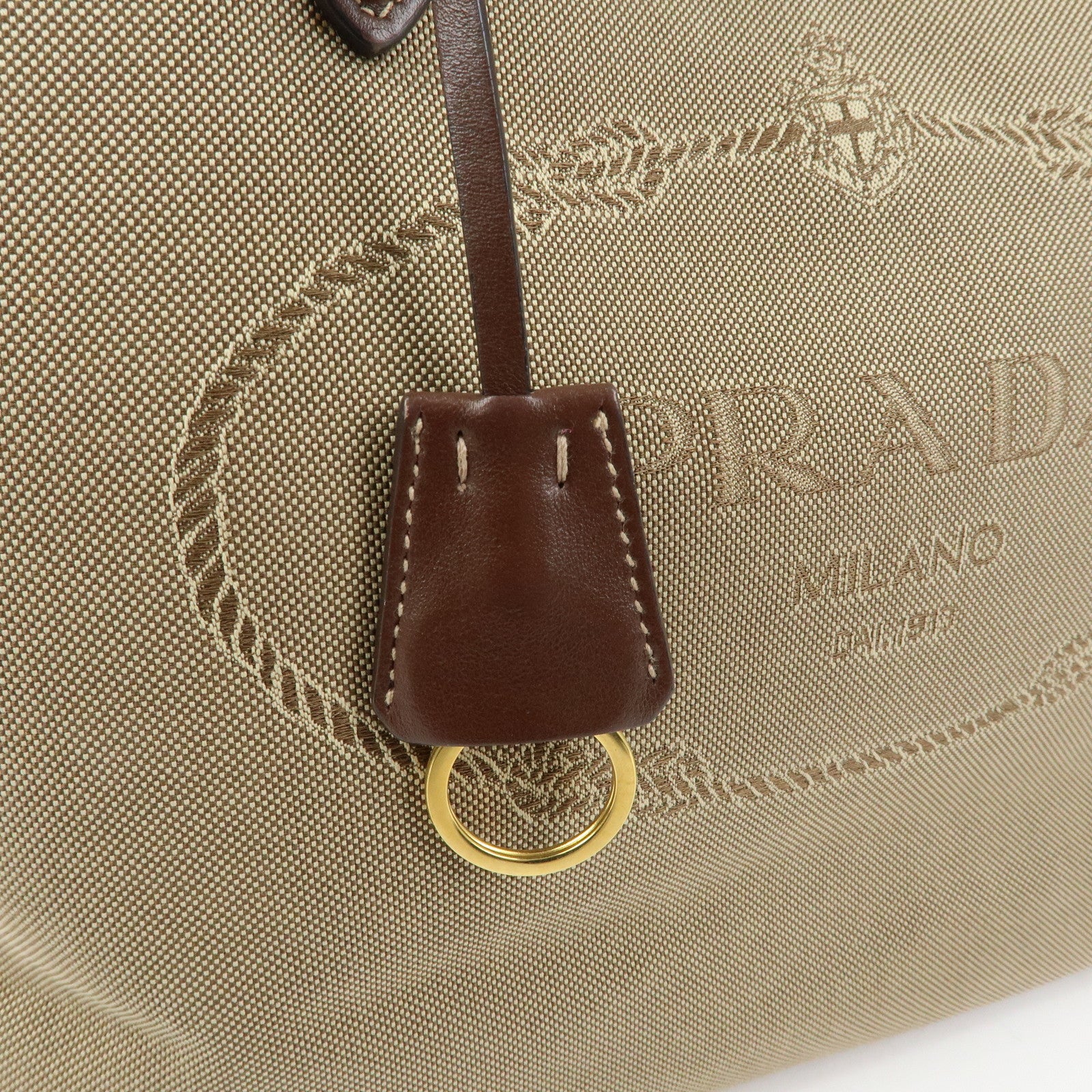 PRADA Triangle Logo Jacquard Leather Tote Bag Beige Brown 1BG158