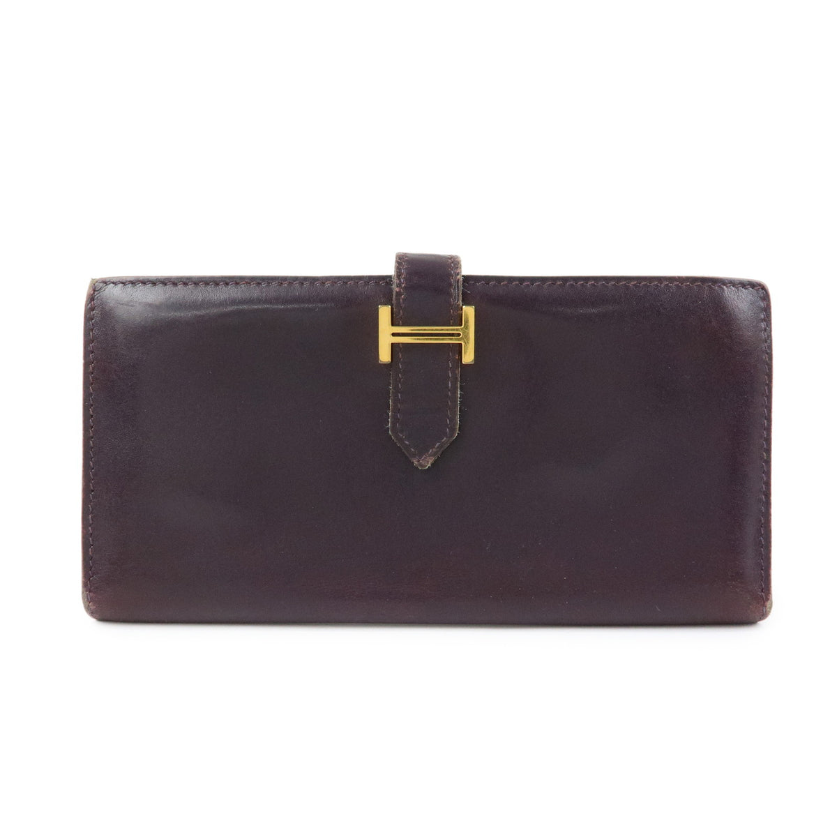 HERMES Bearn Box Calf Leather Bi-fold Long Wallet Purple