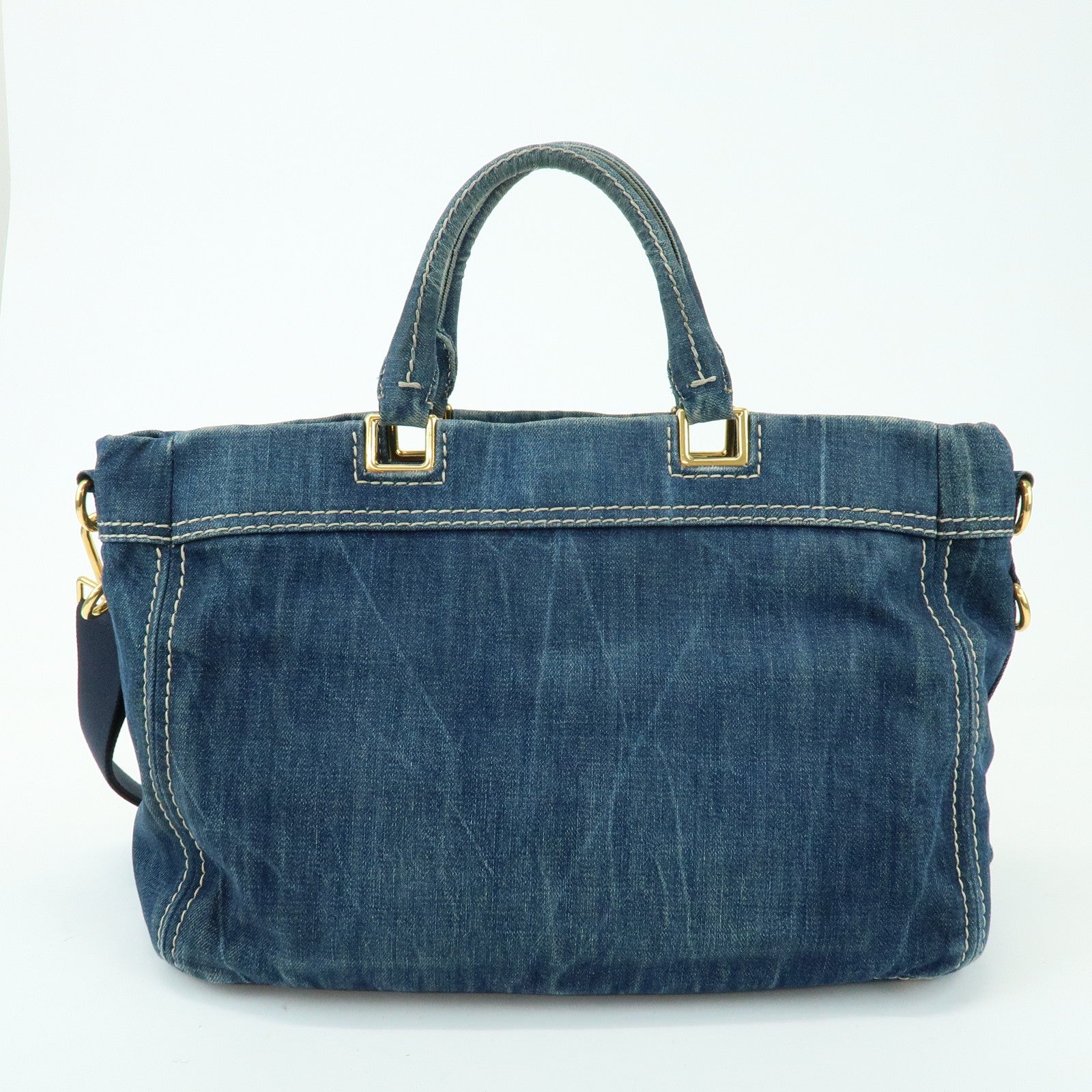 PRADA Triangle Logo Denim 2Way Bag Hand Shoulder Bag Blue BN2069