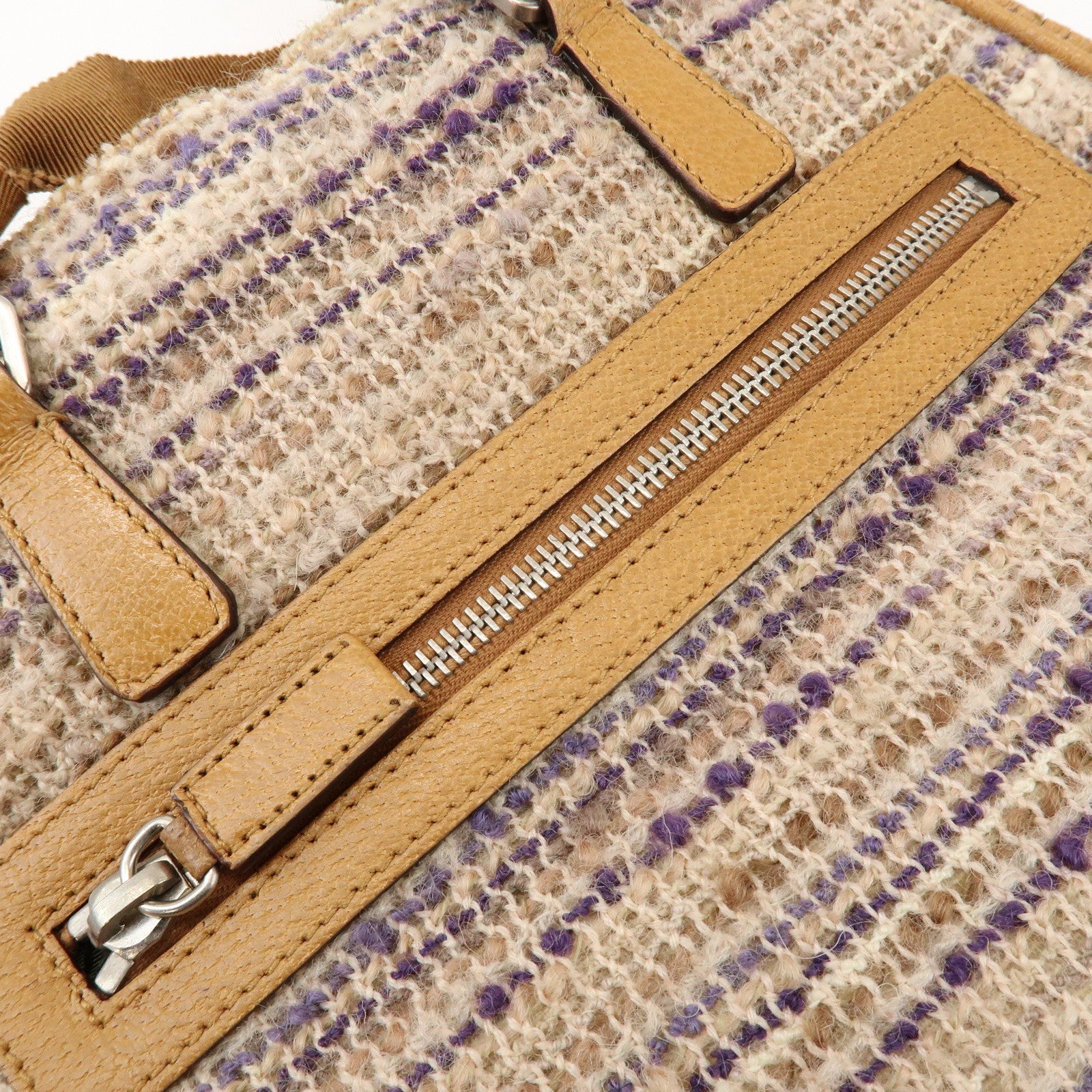 PRADA Triangle Logo Tweed Leather Hand Bag Light Brown Multicolor
