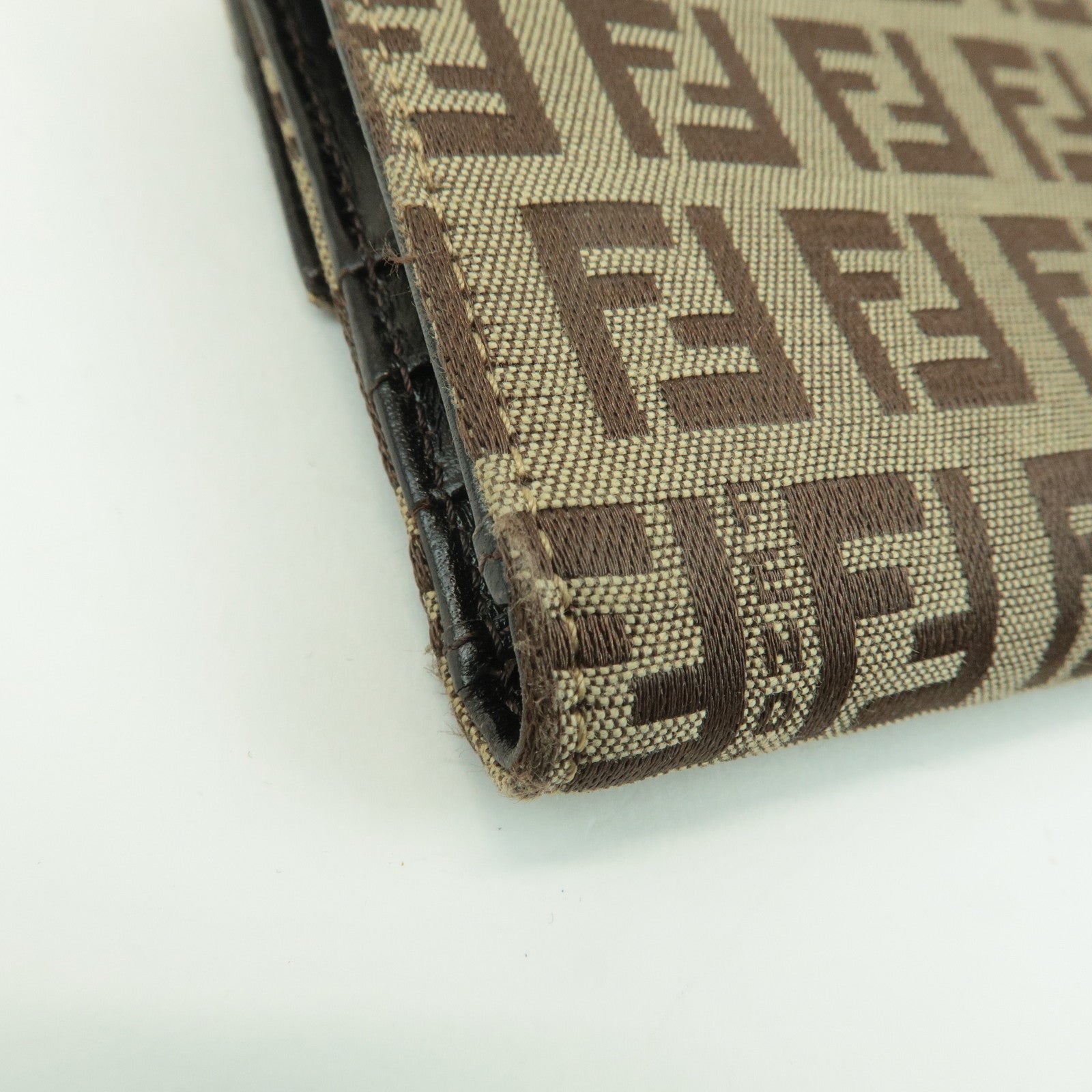 FENDI Zucchino Canvas Leather Tri-fold Wallet Beige Brown 8M0023 Used