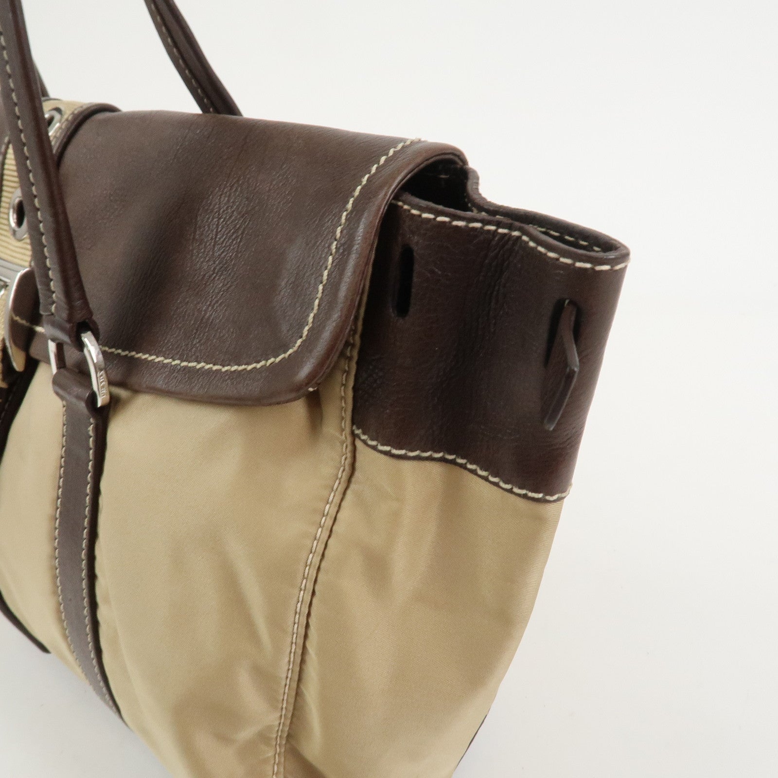 PRADA Triangle Logo Leather Nylon Shoulder Bag Brown BR2418