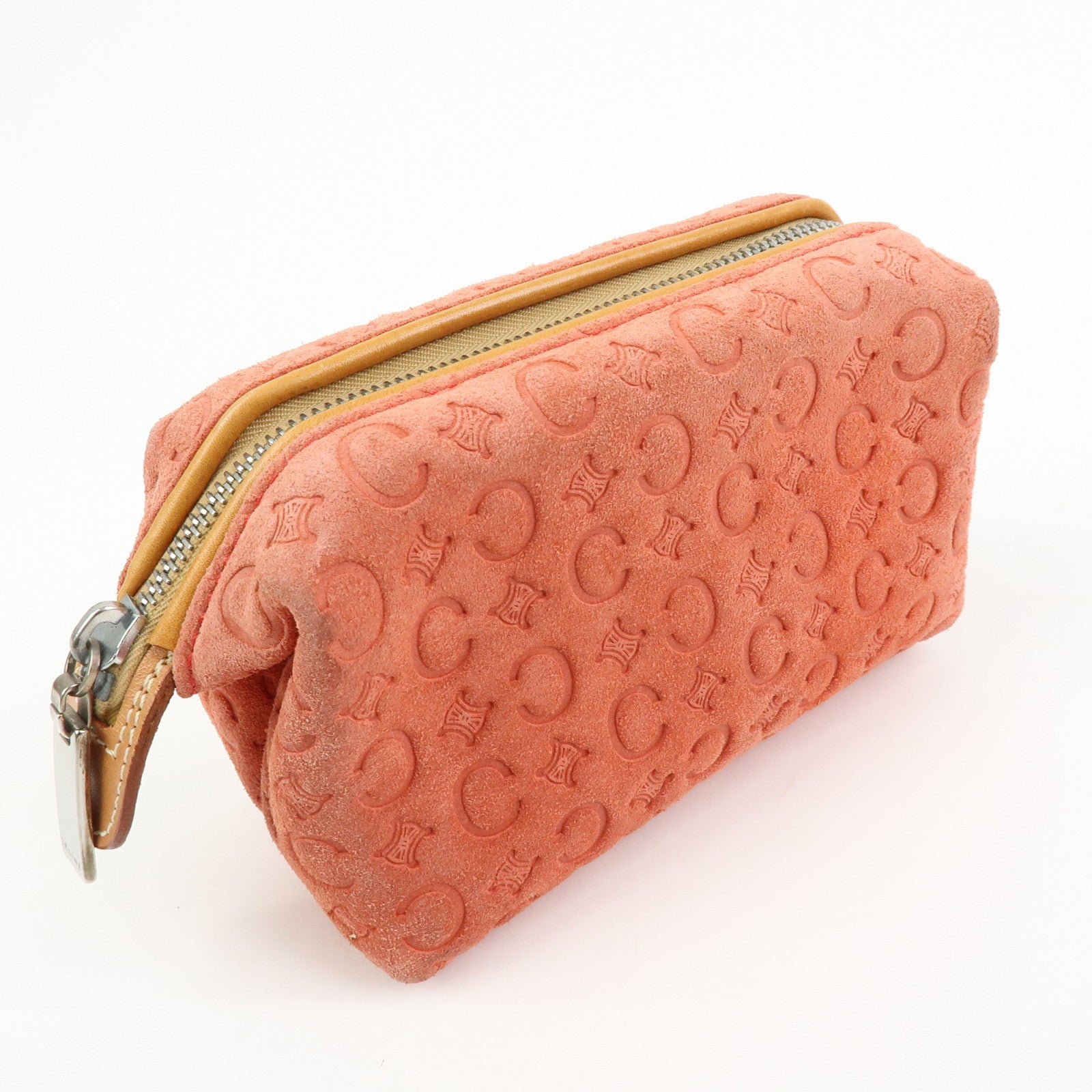 CELINE C Macadam Suede Leather Pouch Cosmetic Case Coral