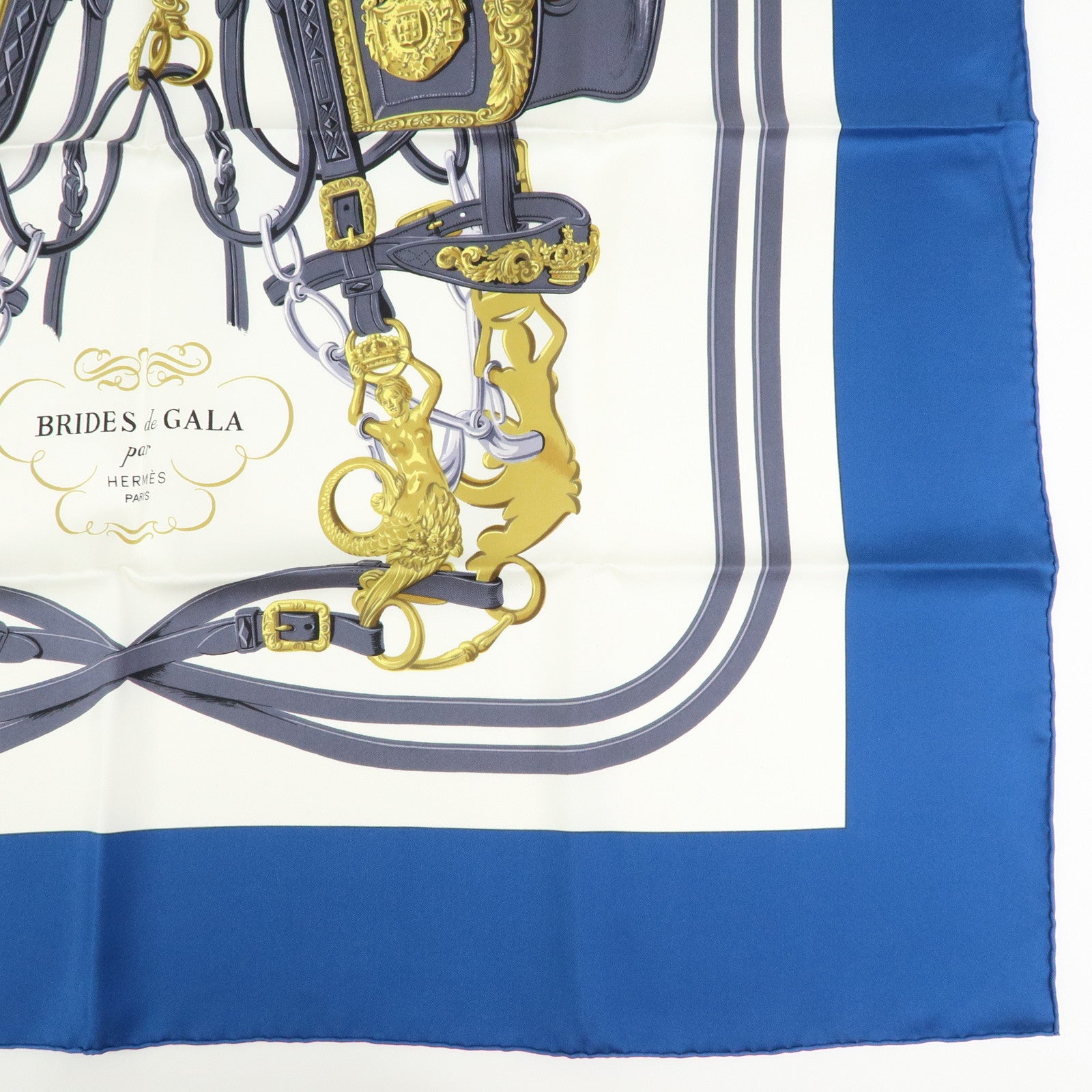 HERMES Carre 90 Silk 100% Scarf BRIDES DE GALA Blue White