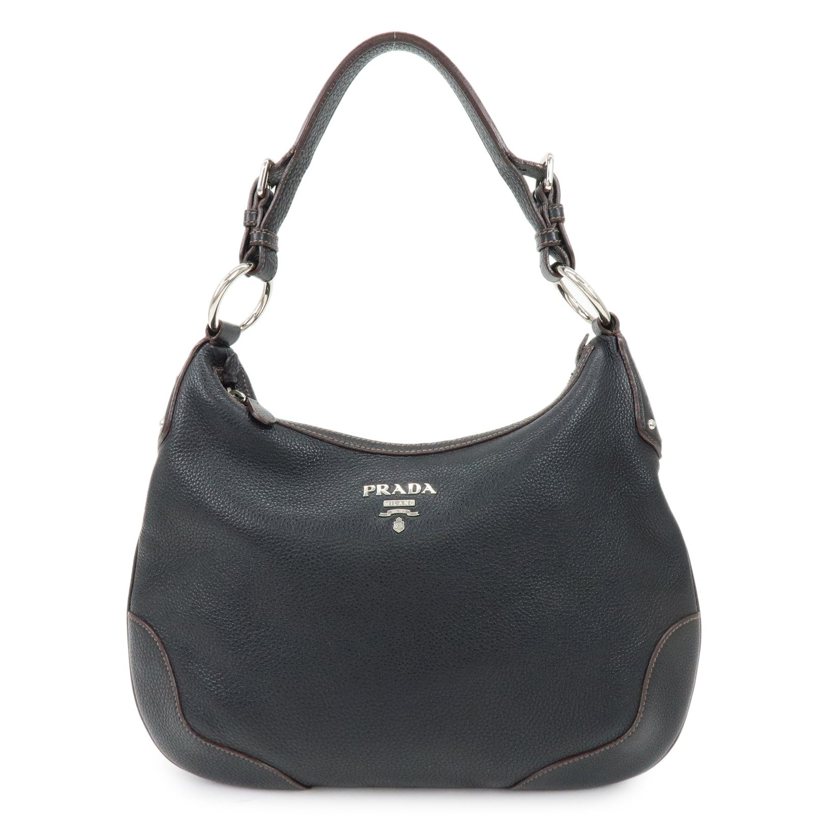 PRADA Logo Vitello Daino Leather Shoulder Bag Hand Bag Black BR3373