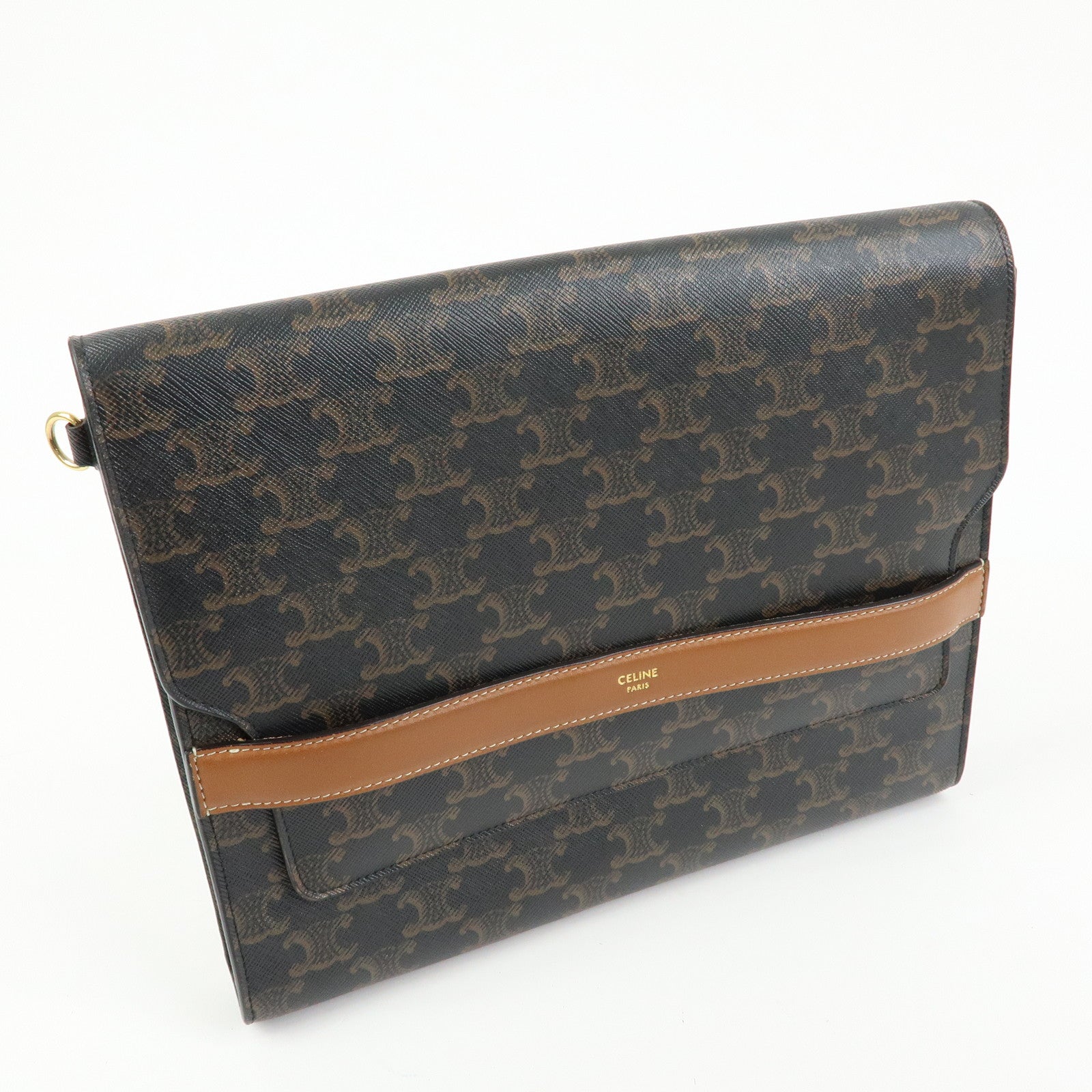 CELINE Triomphe PVC Leather Clutch Bag Pouch Black Brown