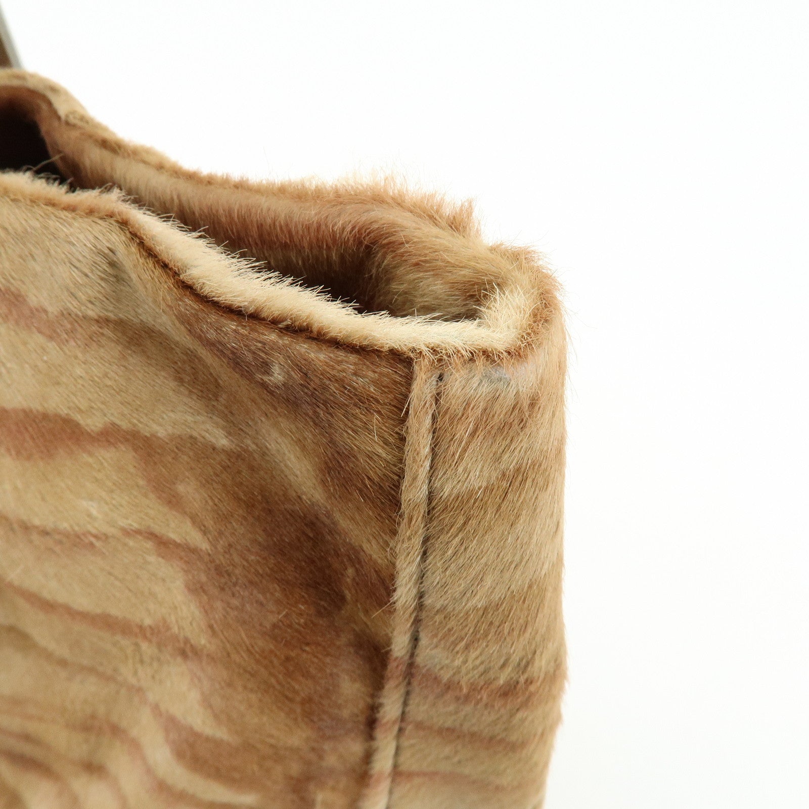 FENDI Calf Hair Leather Animal Pattern Tote Bag Hand Bag Brown