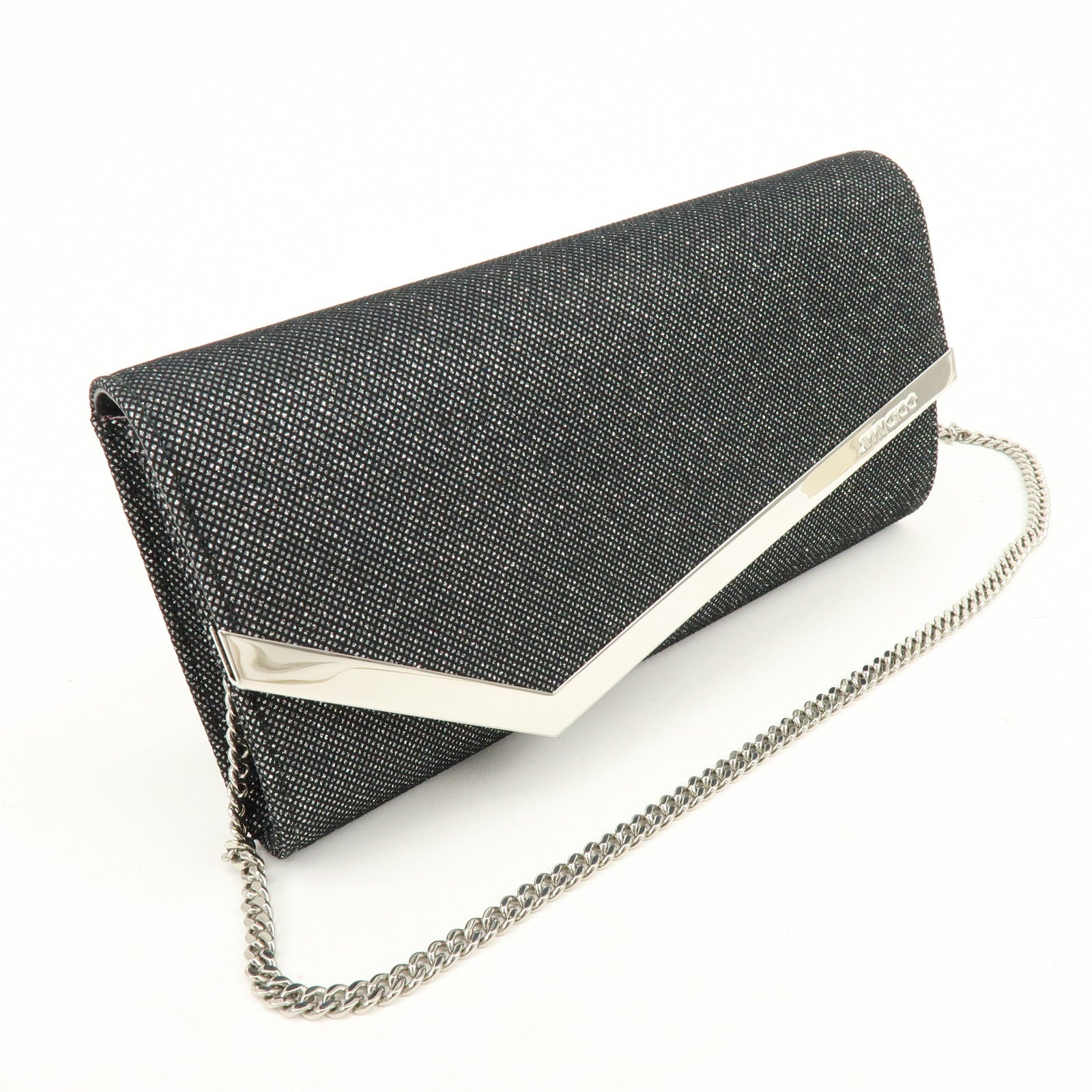 JIMMY CHOO Emmie Canvas Leather Chain Shoulder Bag Silver Black