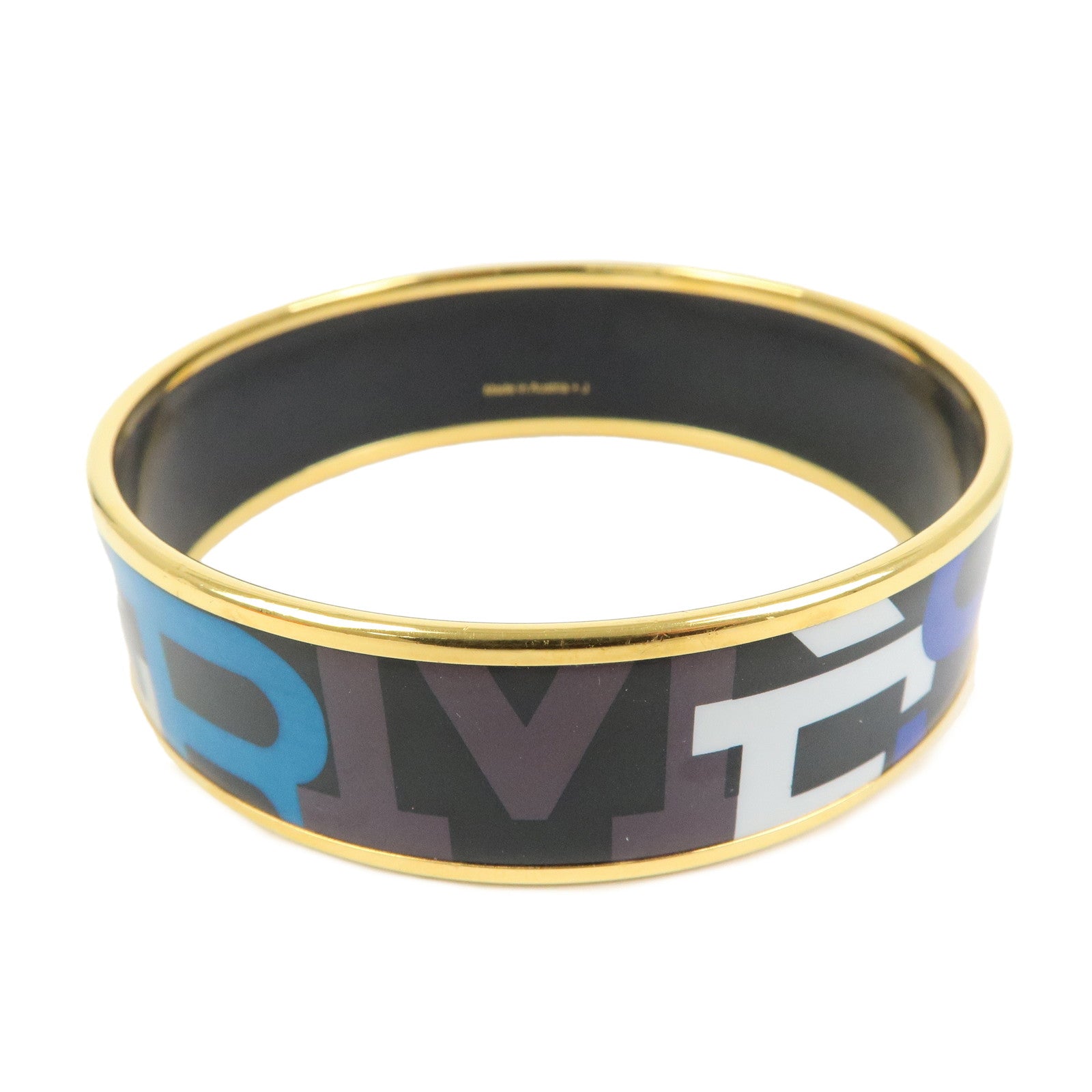 HERMES Email GM Gold Plated Bangle Bracelet Black Multicolor