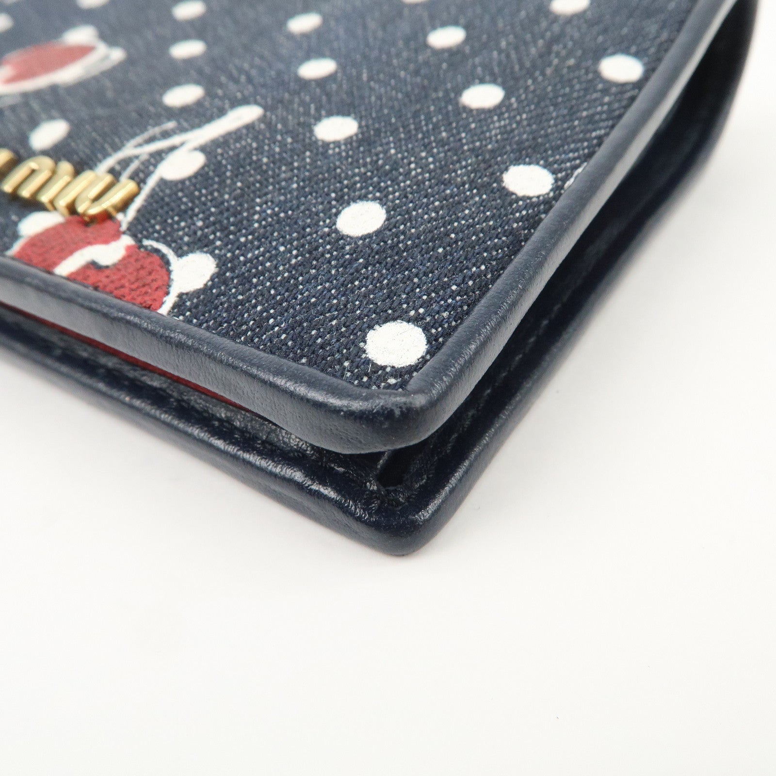MIU MIU Cherry Denim Leather Bifold Compact Wallet Navy Red Used