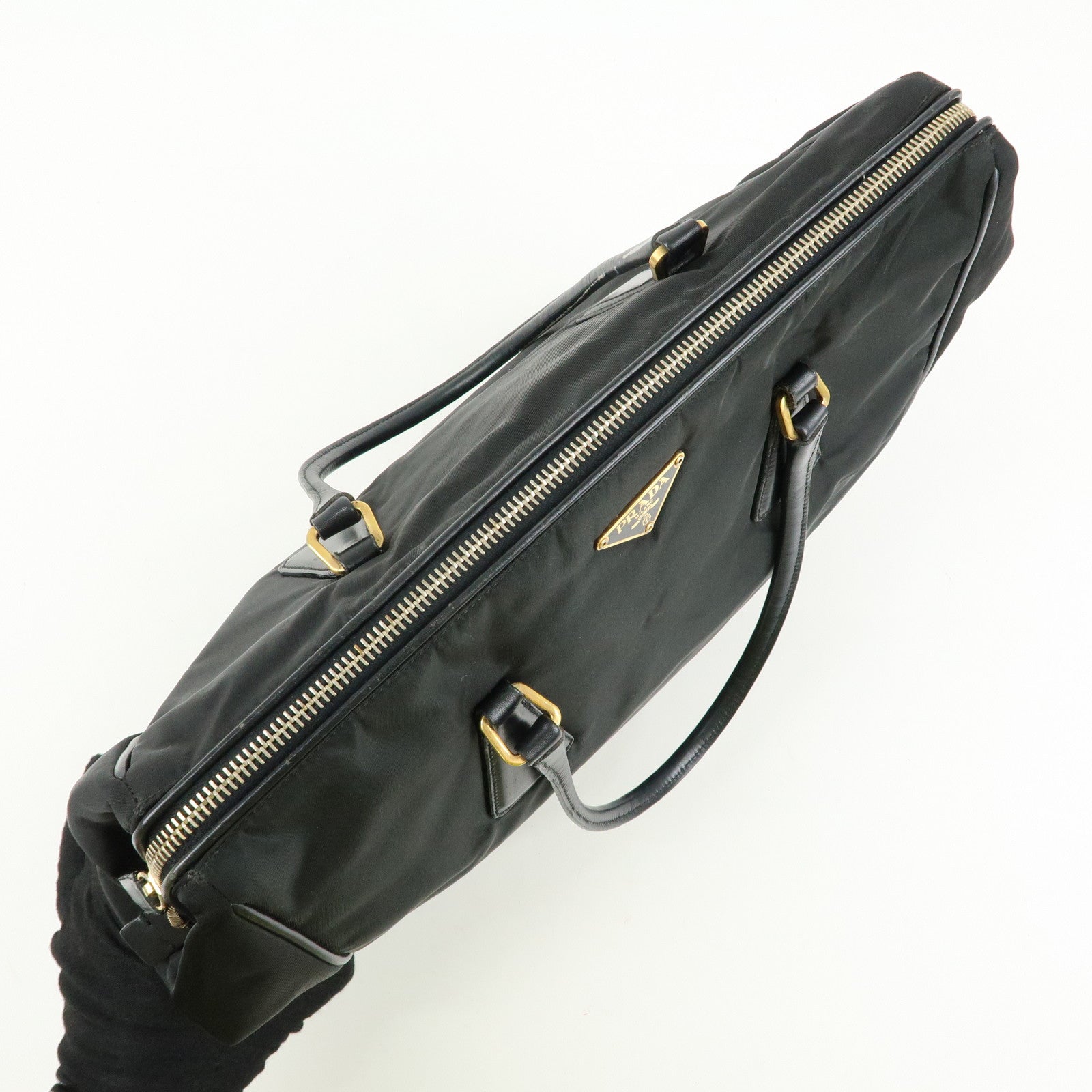 PRADA Triangle Logo Nylon Leather Hand Bag Tote Shoulder Bag Black