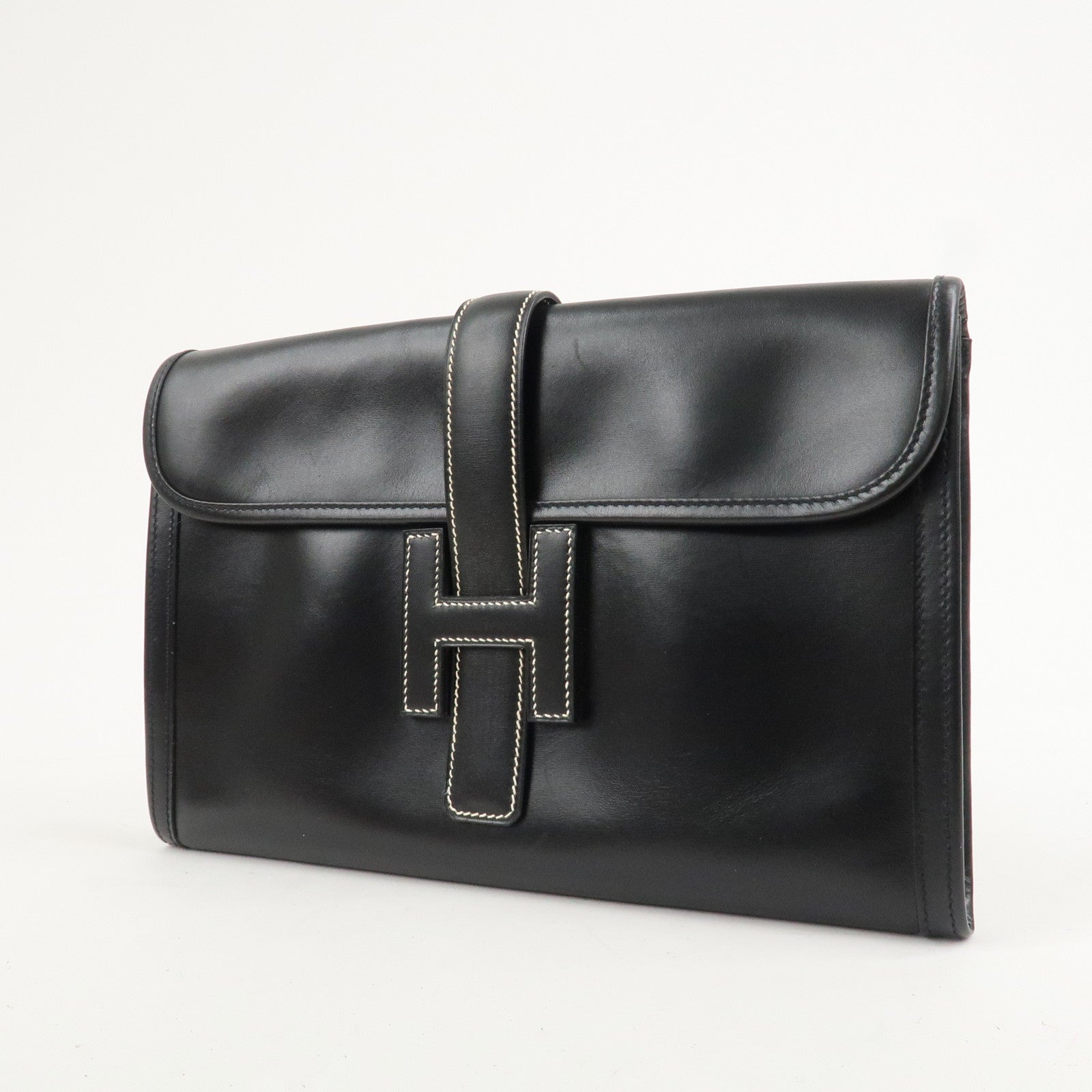 HERMES Box Calf Leather Jige PM Clutch Bag Black