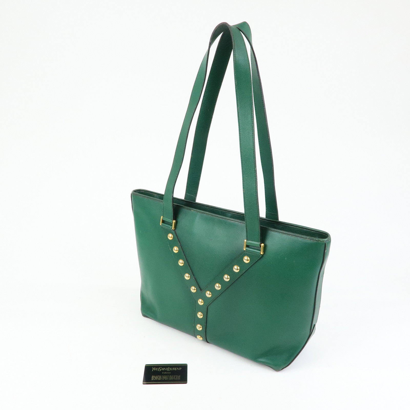 SAINT LAURENT PARIS Y Line Leather Studs Tote Shoulder Bag Green