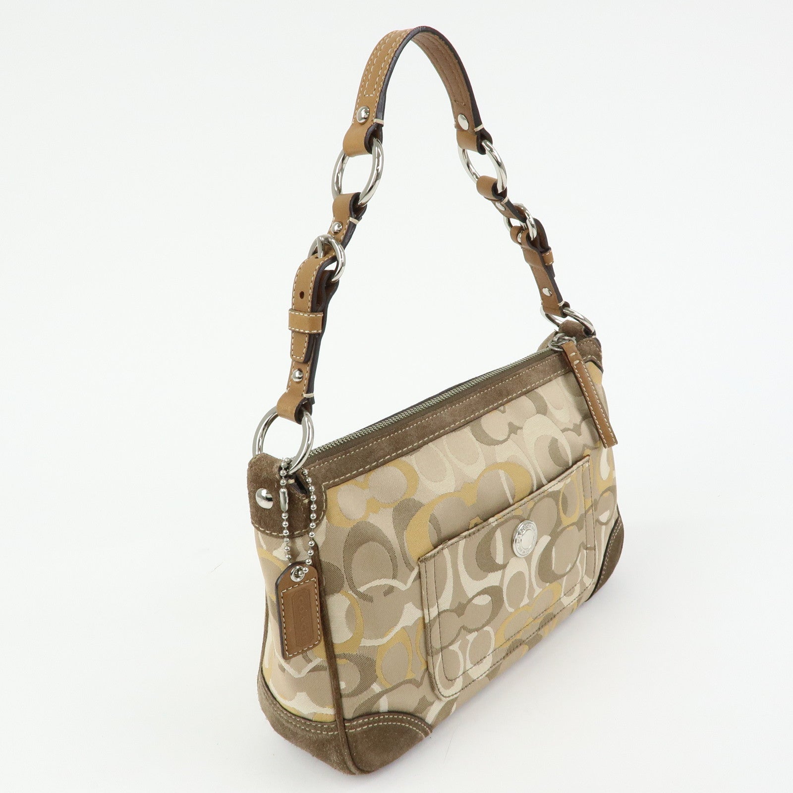 COACH Signature Canvas Suede Leather Shoulder Bag Beige Brown