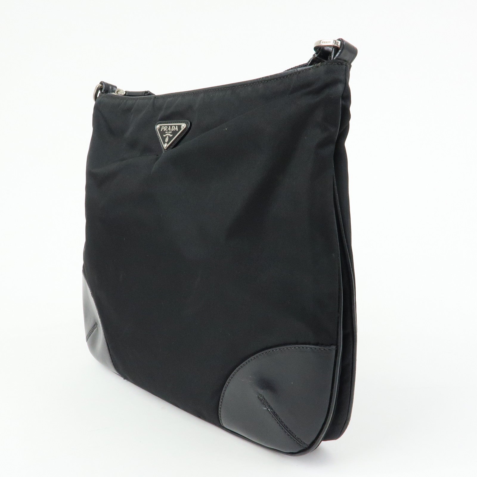 PRADA Triangle Logo Nylon Leather Shoulder Bag Black BT0326