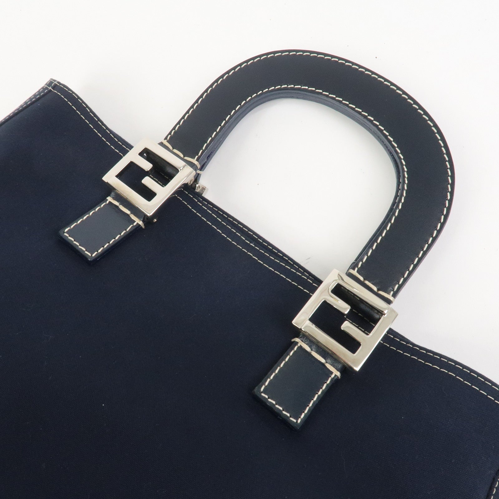 FENDI Canvas Leather Hand Bag Tote Bag Navy 26693