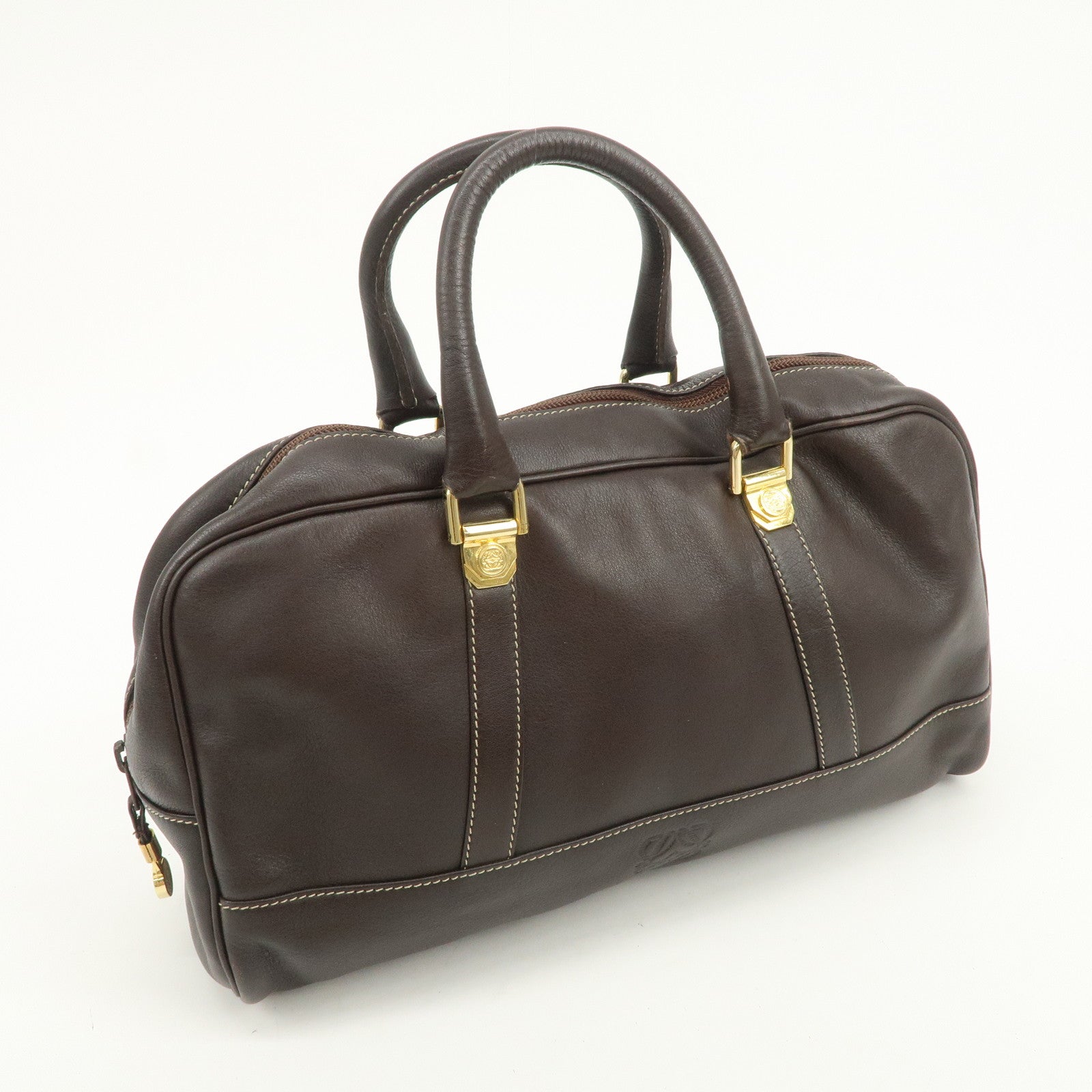 LOEWE Anagram Leather Boston Bag Hand Bag Dark Brown