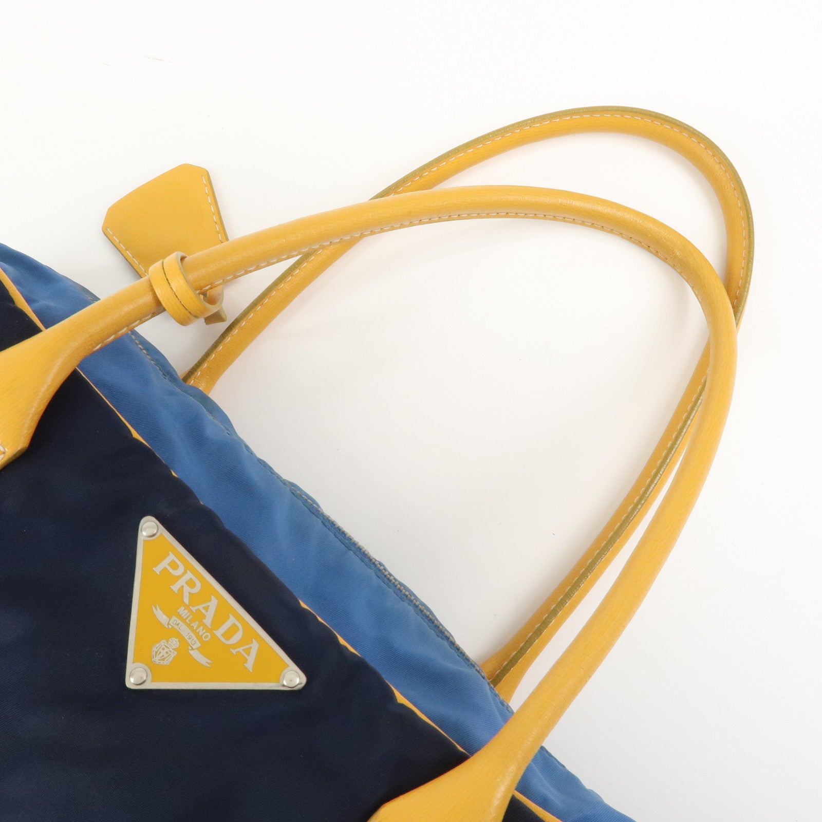 PRADA Triangle Logo Nylon Leather Shoulder Bag Hand Bag Navy Yellow