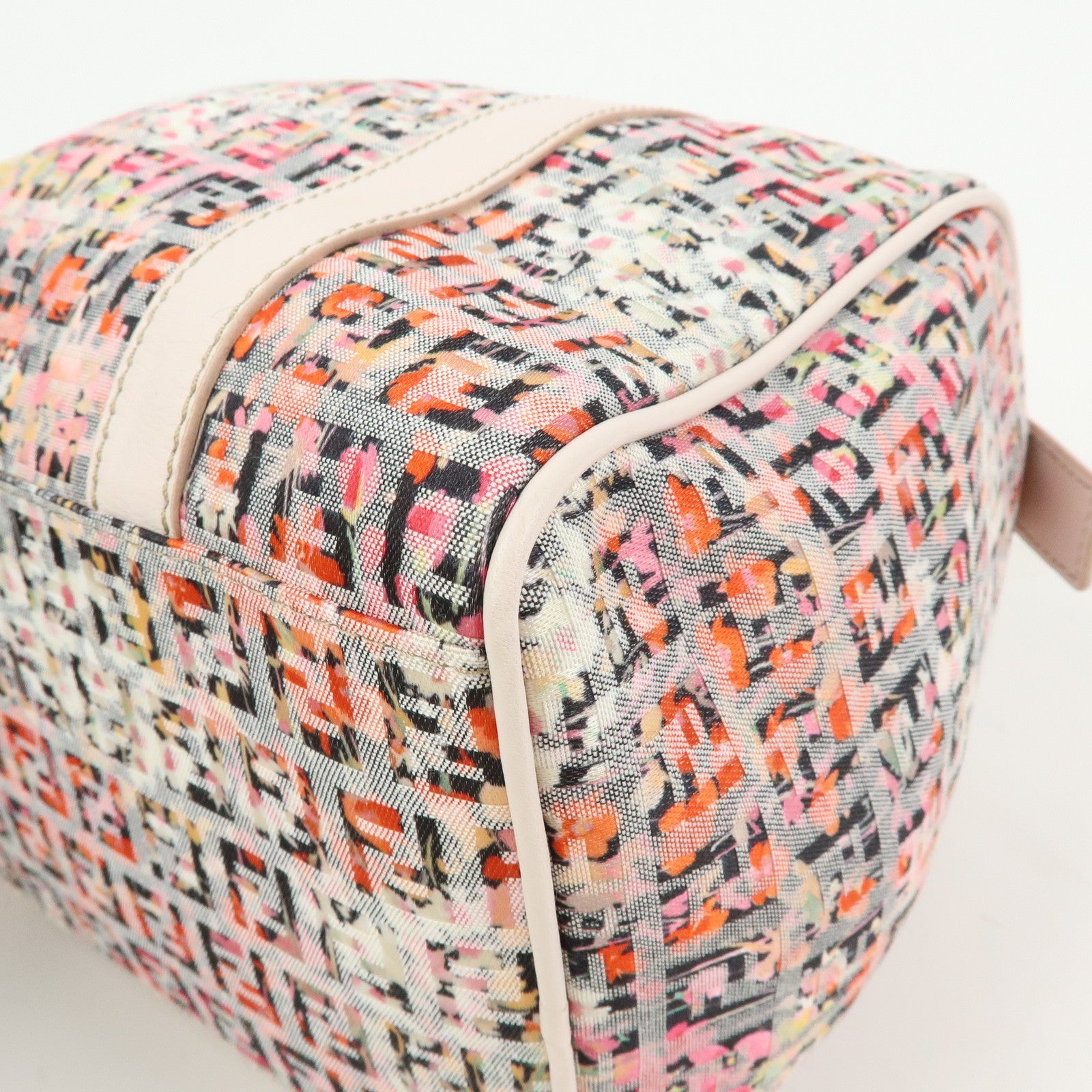 FENDI Zucchino Flower Print Canvas Leather Boston Bag Pink 8BL068