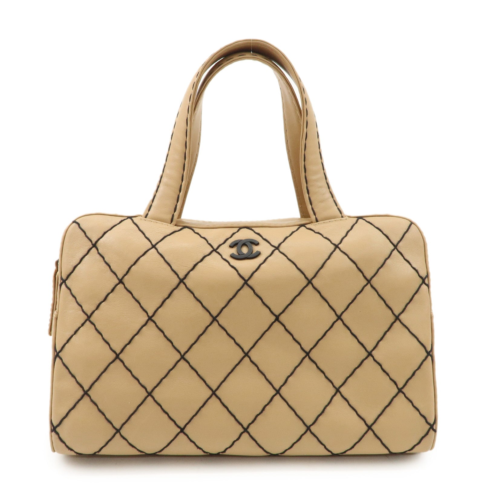 CHANEL Wild Stitch Calf Skin Coco Mark Hand Bag Beige A14692 Used