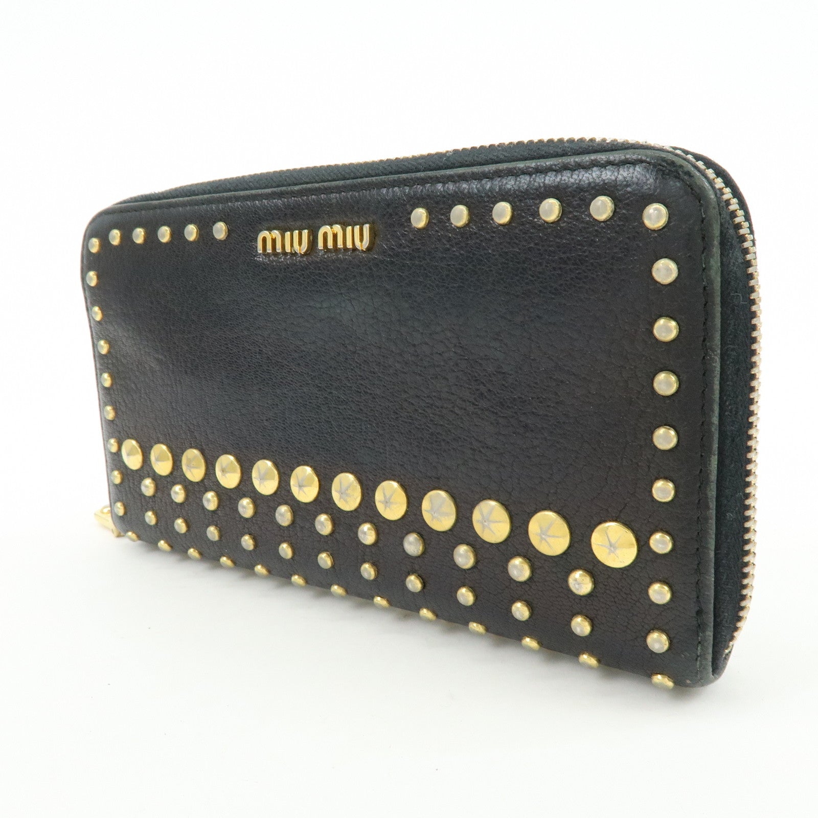 MIU MIU Logo Leather Studs Zippy Long Wallet Black 5M0506