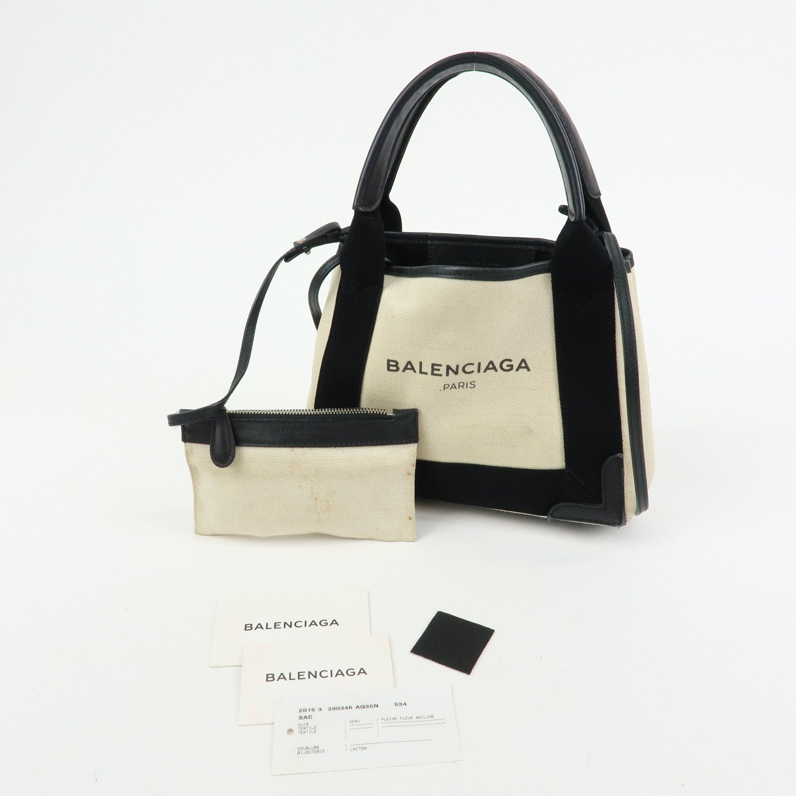 BALENCIAGA Navy Cabas XS Canvas Leather 2WAY Bag Ivory 390346